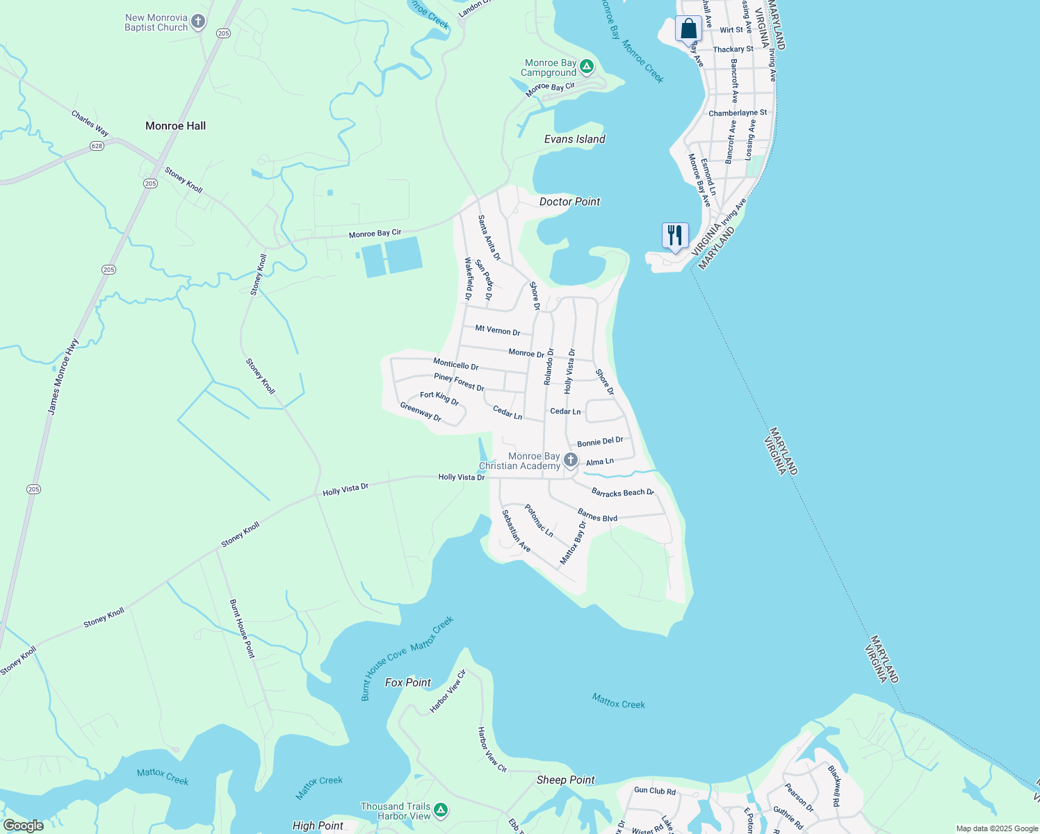map of restaurants, bars, coffee shops, grocery stores, and more near 288 Cedar Lane in Colonial Beach