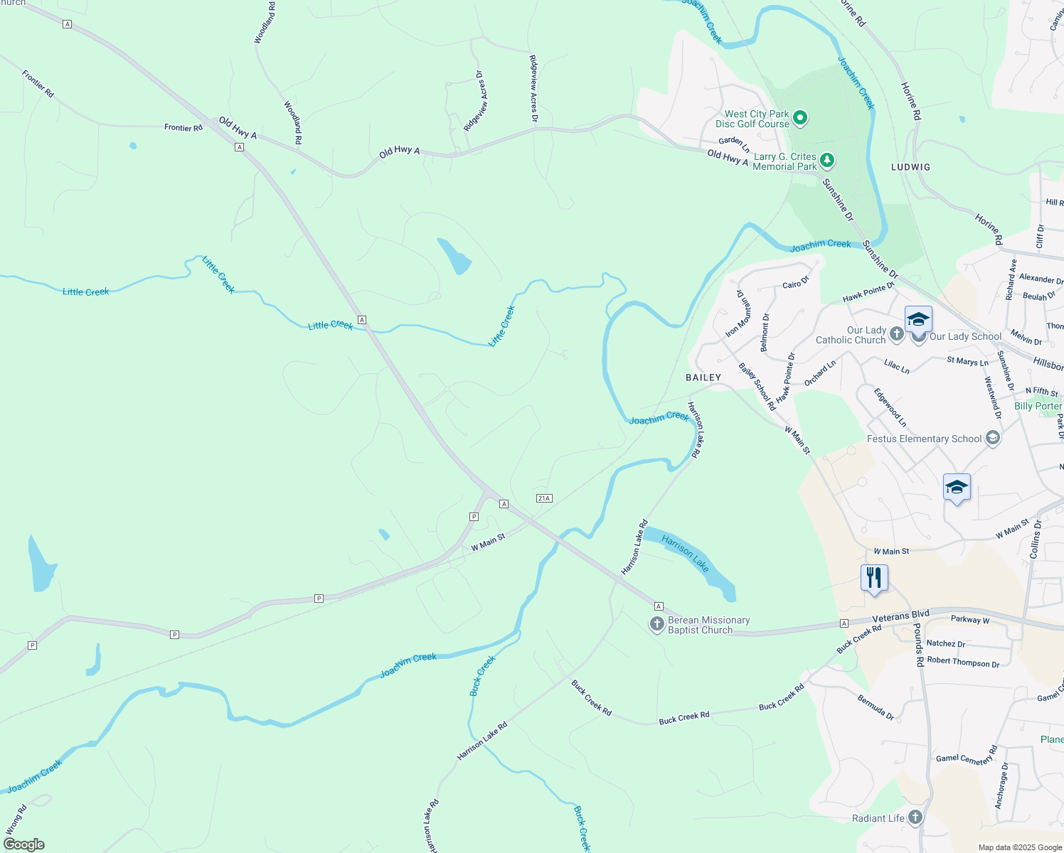 map of restaurants, bars, coffee shops, grocery stores, and more near 11112 Forest Haven Road in Festus