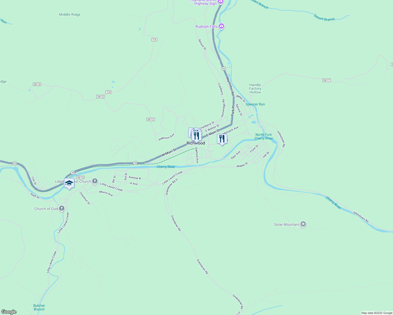 map of restaurants, bars, coffee shops, grocery stores, and more near 54 Bfg St in Richwood