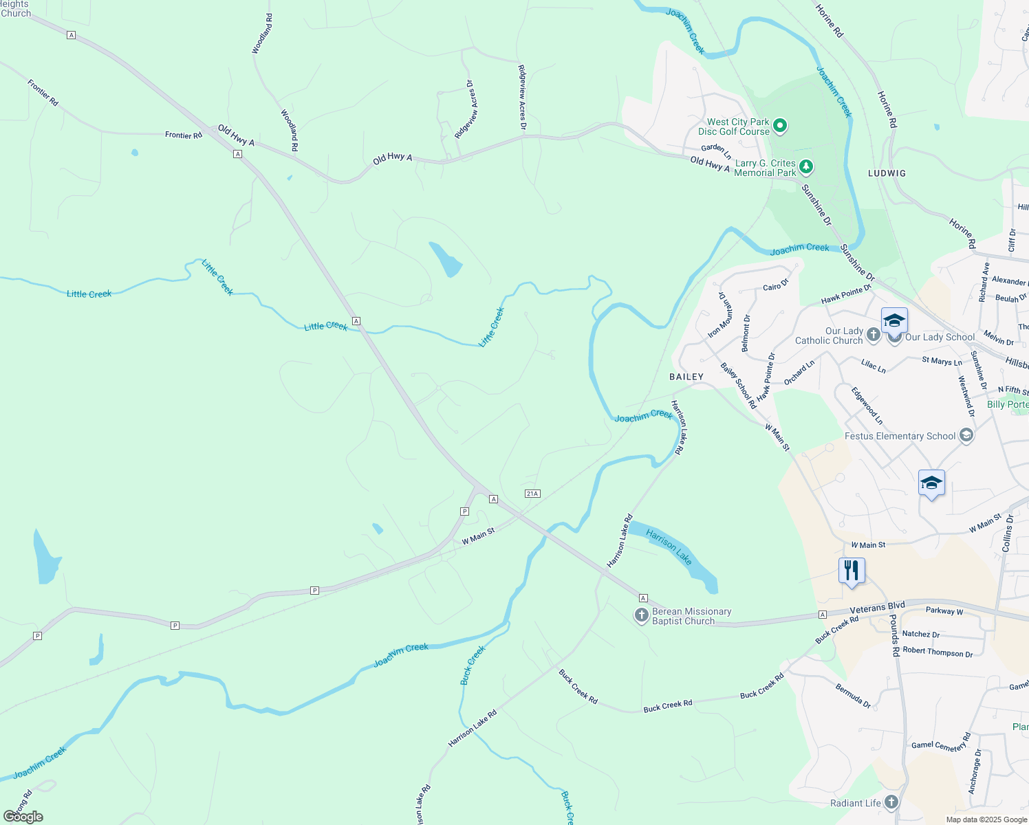 map of restaurants, bars, coffee shops, grocery stores, and more near 11112 Forest Haven Road in Festus