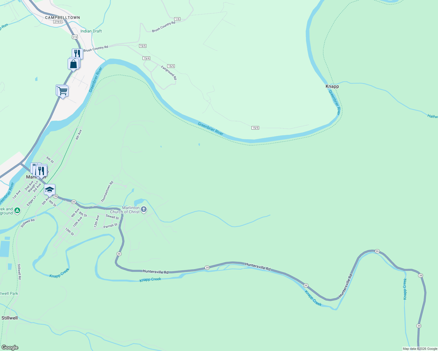 map of restaurants, bars, coffee shops, grocery stores, and more near Greenbrier River Trail in Marlinton