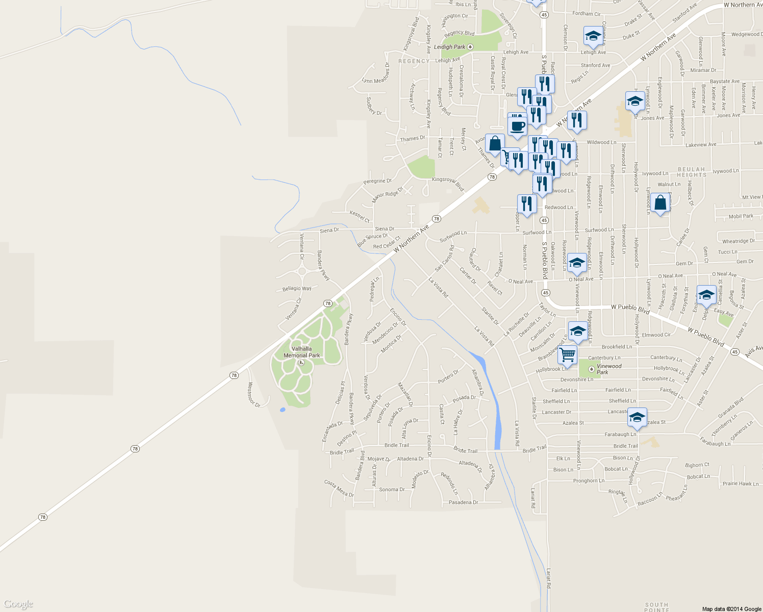 map of restaurants, bars, coffee shops, grocery stores, and more near 4 Milagro Ln in Pueblo