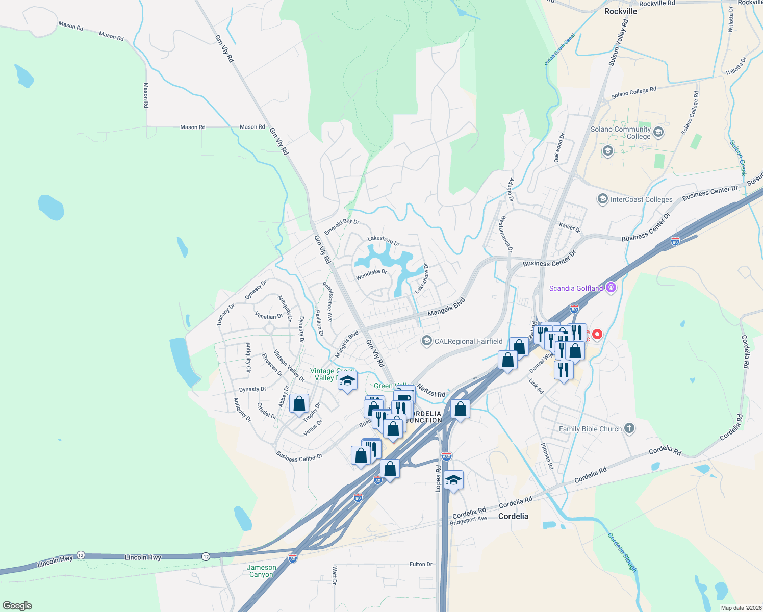 map of restaurants, bars, coffee shops, grocery stores, and more near 510 Crystal Rose Ct in Fairfield