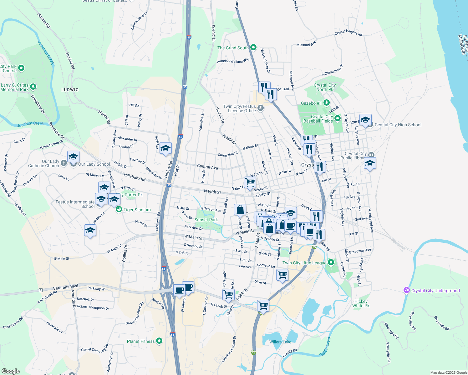 map of restaurants, bars, coffee shops, grocery stores, and more near 602 Ridge Avenue in Festus