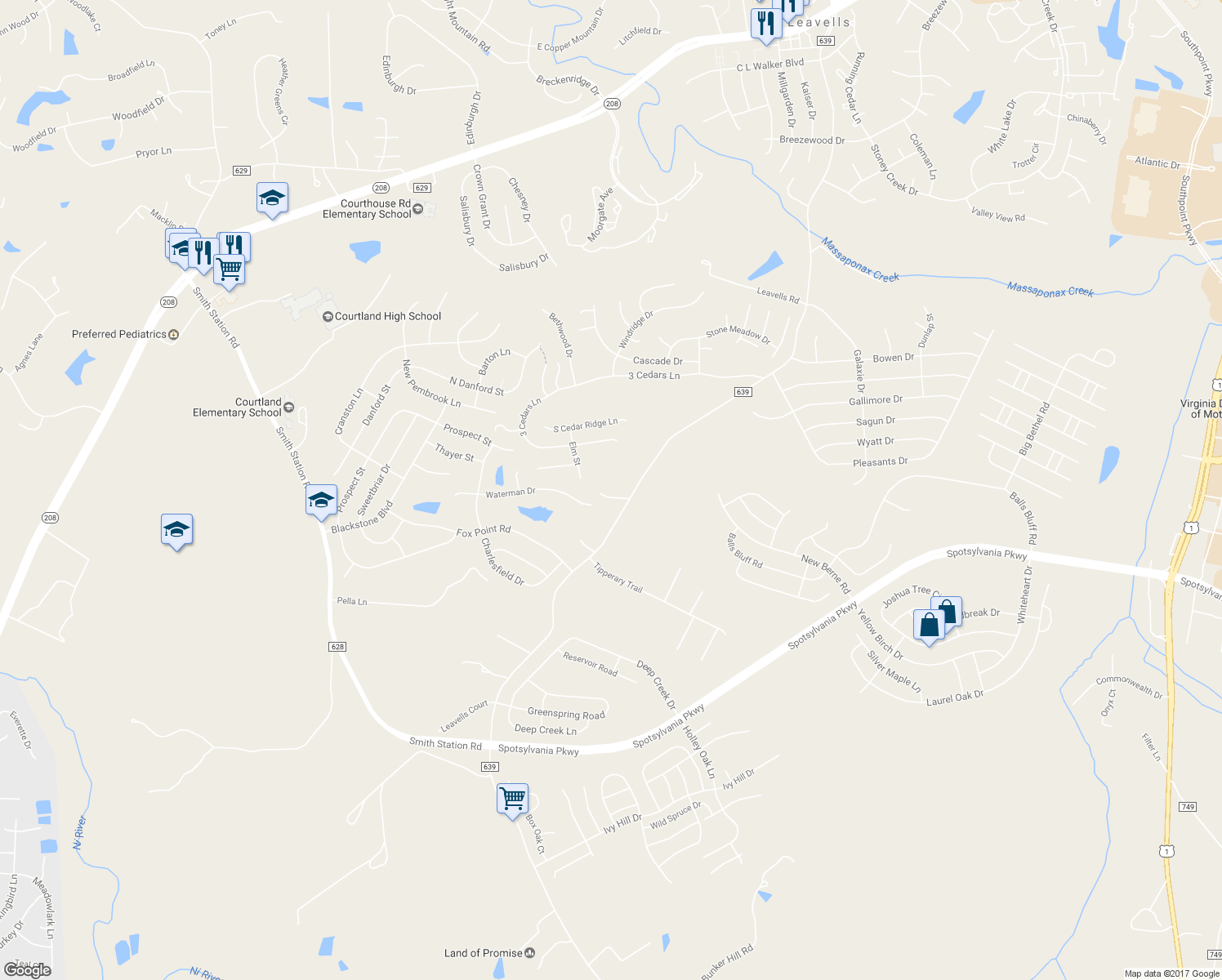 map of restaurants, bars, coffee shops, grocery stores, and more near 9626 Oak Tree Drive in Fredericksburg
