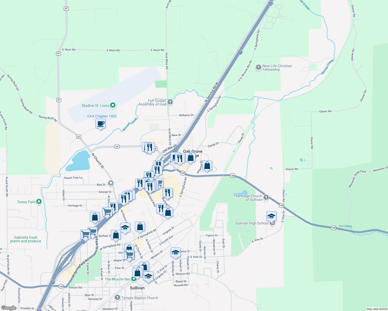 map of restaurants, bars, coffee shops, grocery stores, and more near 1019 E Springfield Rd in Sullivan