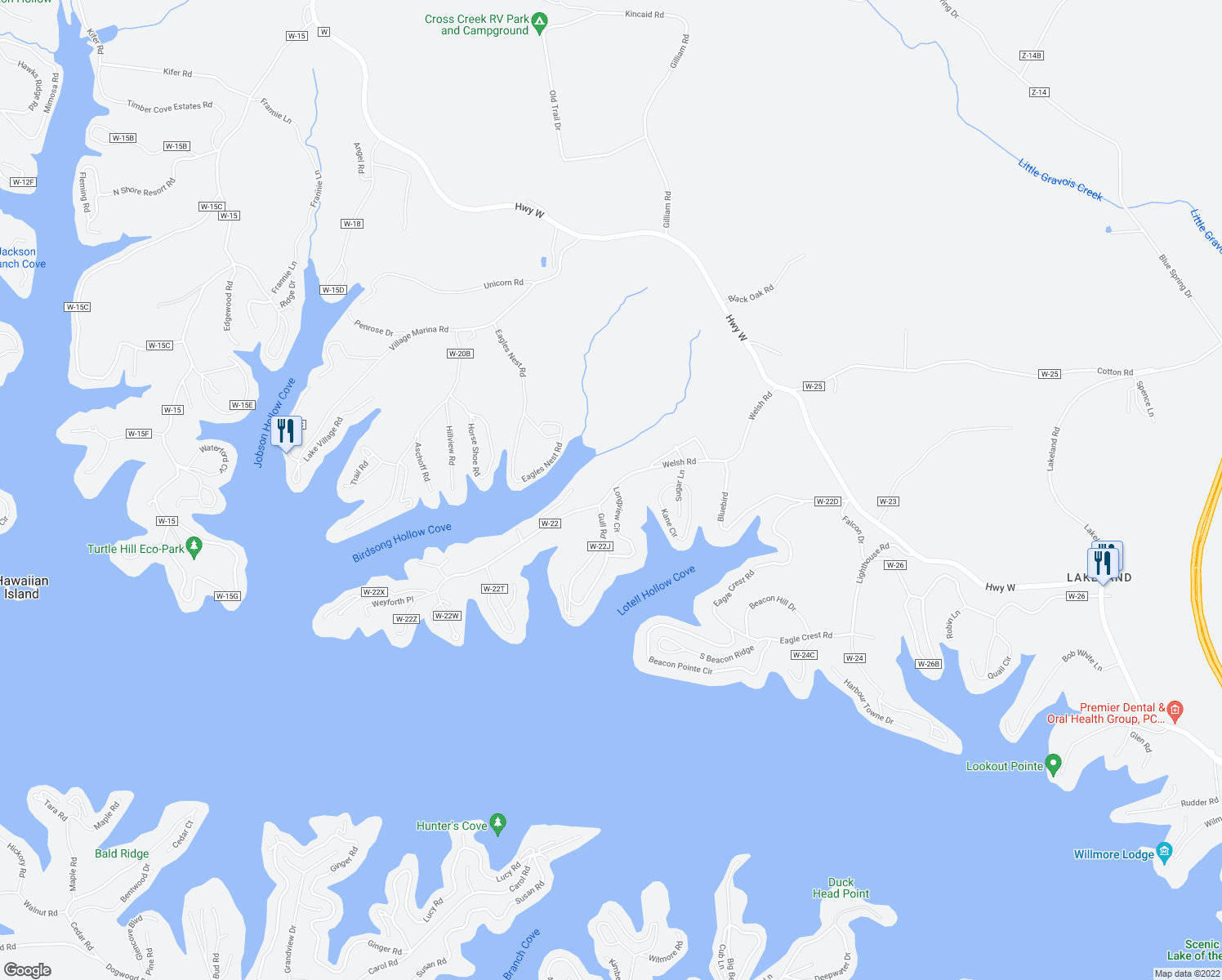 map of restaurants, bars, coffee shops, grocery stores, and more near 61 Welsh Road in Lake Ozark