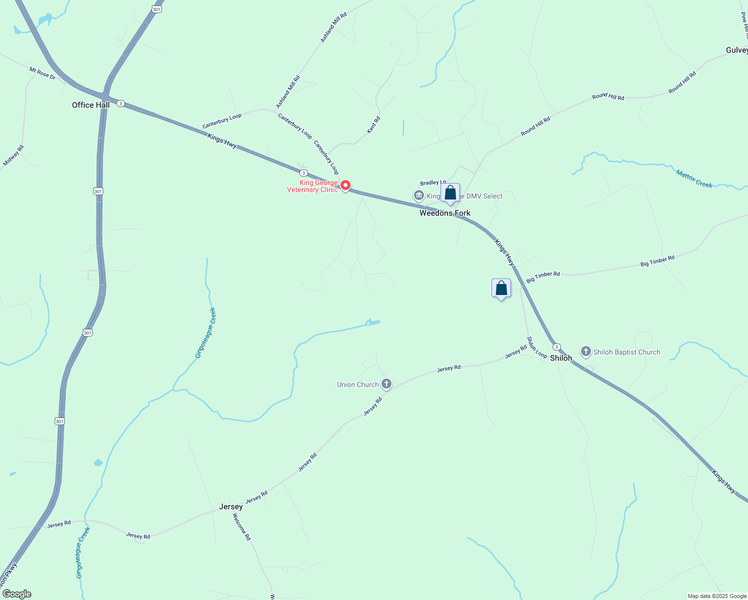 map of restaurants, bars, coffee shops, grocery stores, and more near 13308 Perryless Lane in King George