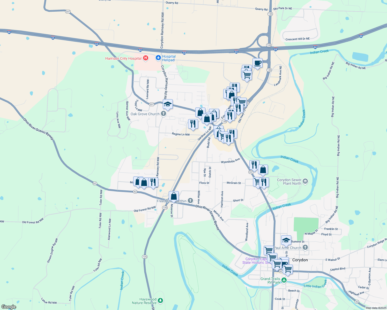 map of restaurants, bars, coffee shops, grocery stores, and more near 1999 Gardner Lane Northwest in Corydon