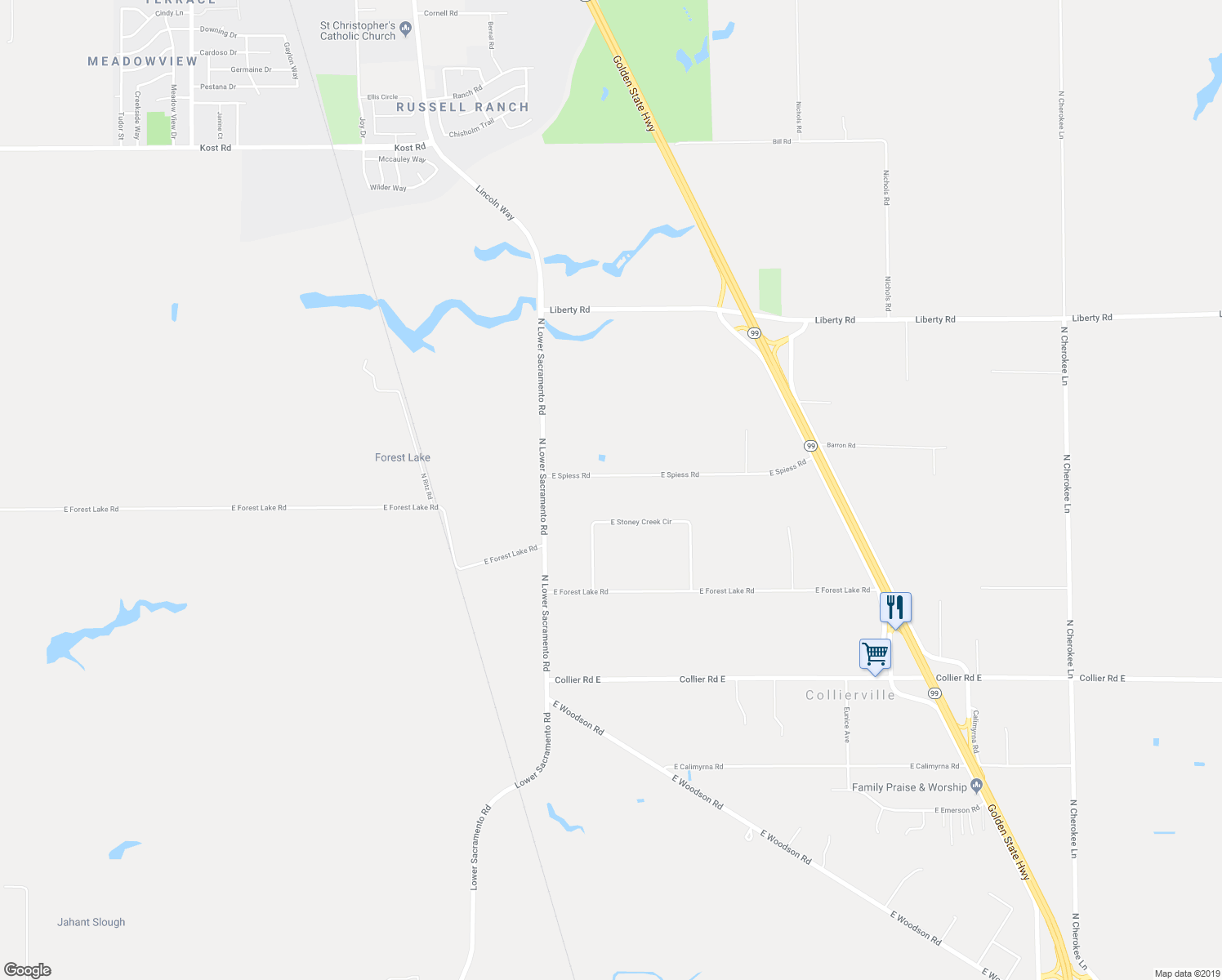 map of restaurants, bars, coffee shops, grocery stores, and more near 2536 East Spiess Road in Acampo