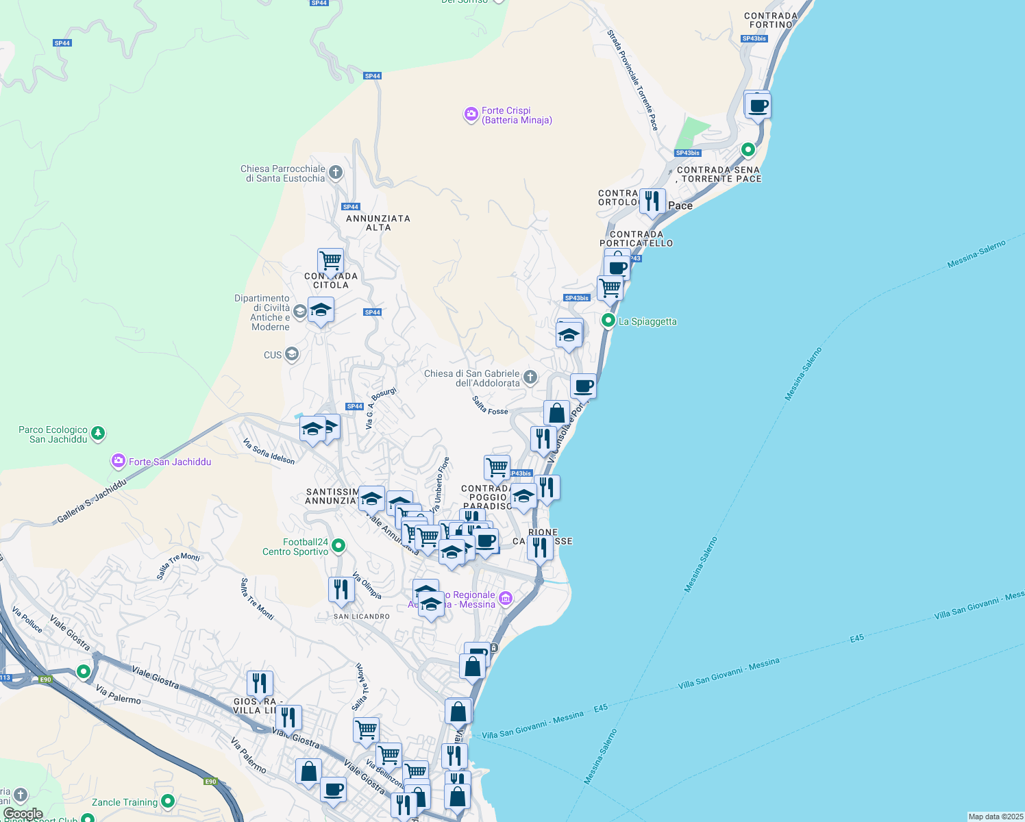 map of restaurants, bars, coffee shops, grocery stores, and more near Contrada Parnaso in Messina