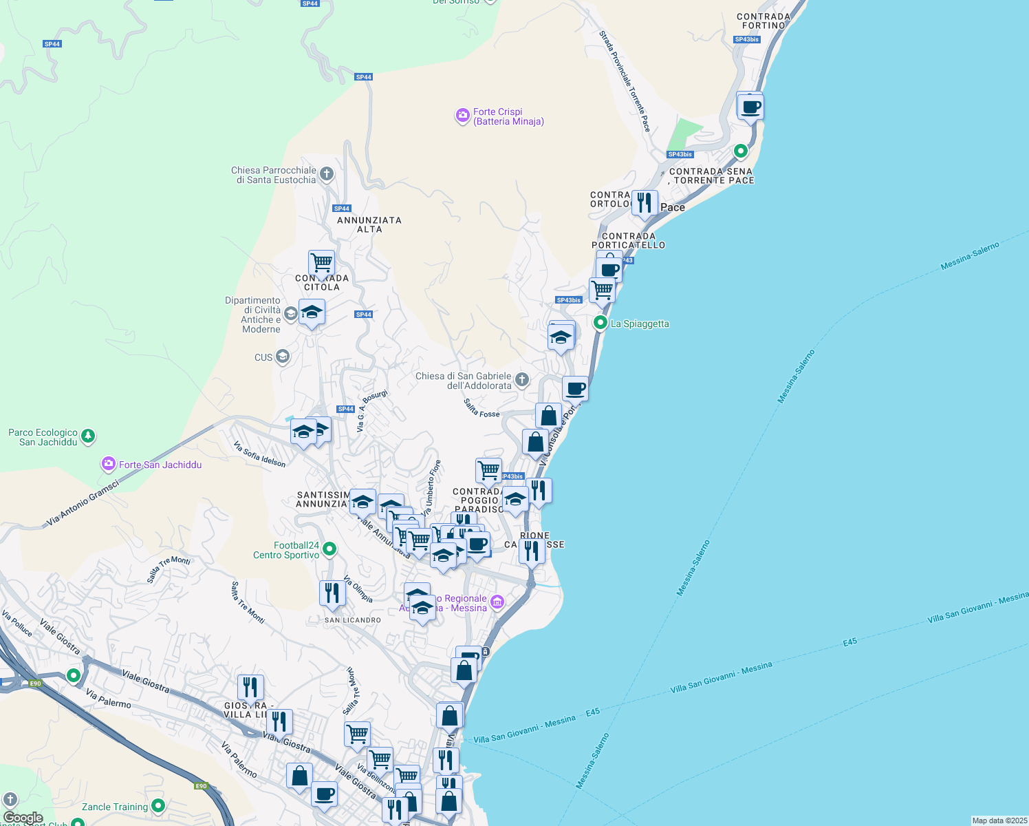 map of restaurants, bars, coffee shops, grocery stores, and more near Località Paradiso in Messina