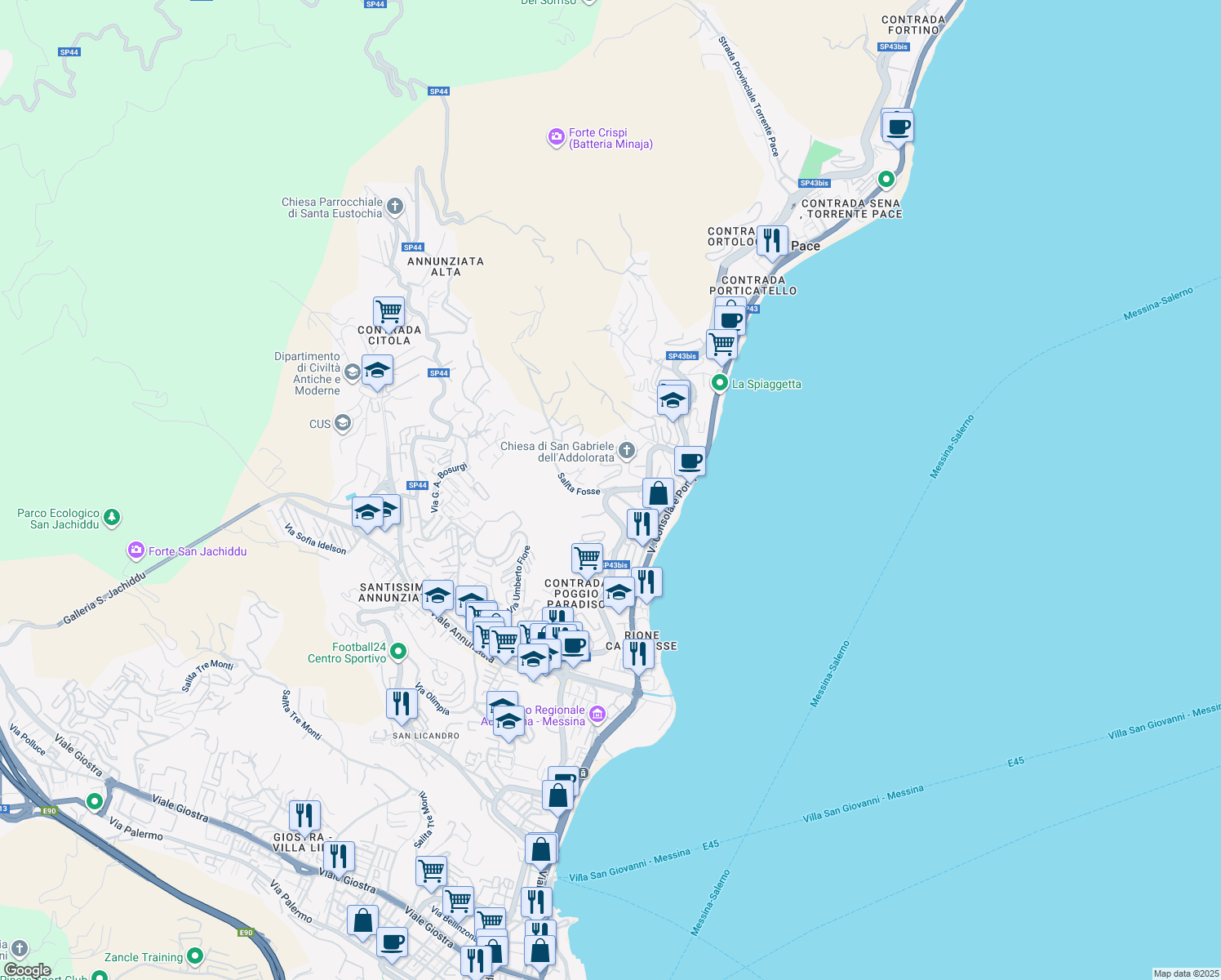 map of restaurants, bars, coffee shops, grocery stores, and more near Contrada Parnaso in Messina