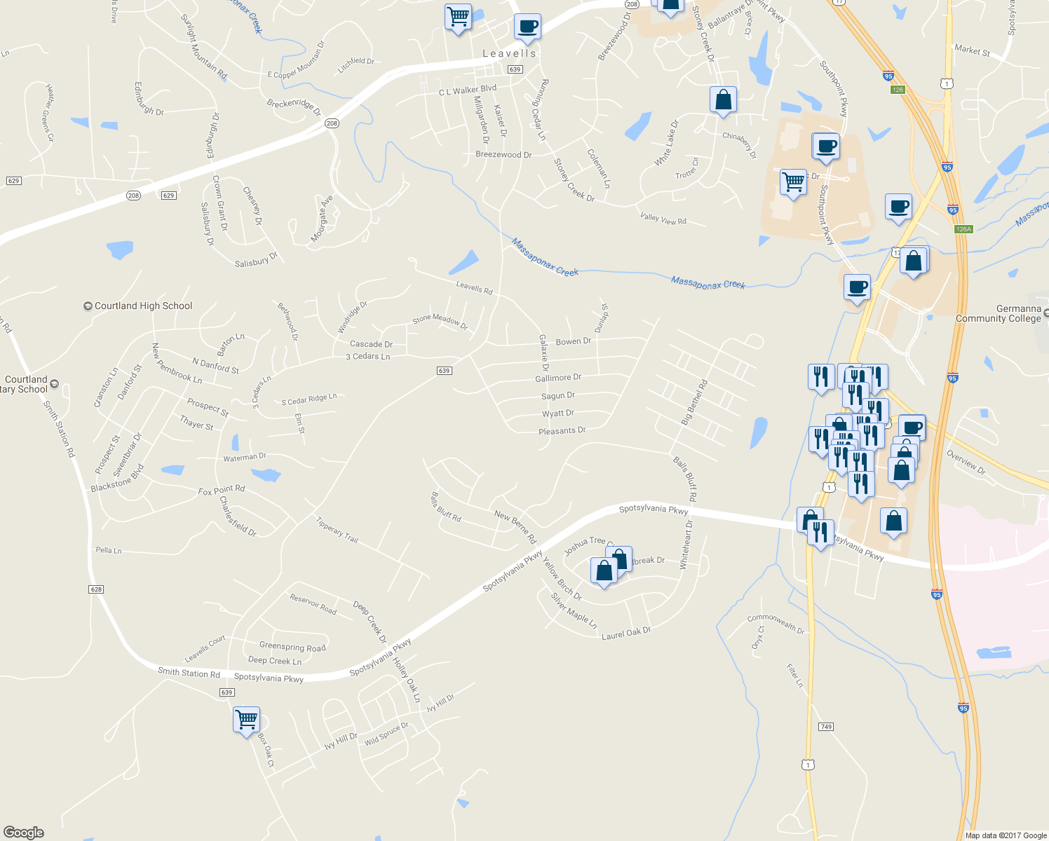 map of restaurants, bars, coffee shops, grocery stores, and more near 106 Wyatt Drive in Fredericksburg