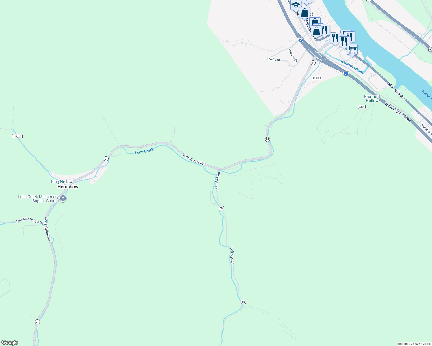 map of restaurants, bars, coffee shops, grocery stores, and more near Highway 94 in Charleston