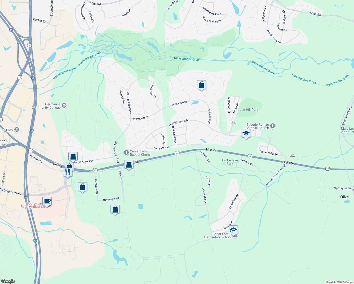 map of restaurants, bars, coffee shops, grocery stores, and more near 9801 West Midland Way in Fredericksburg