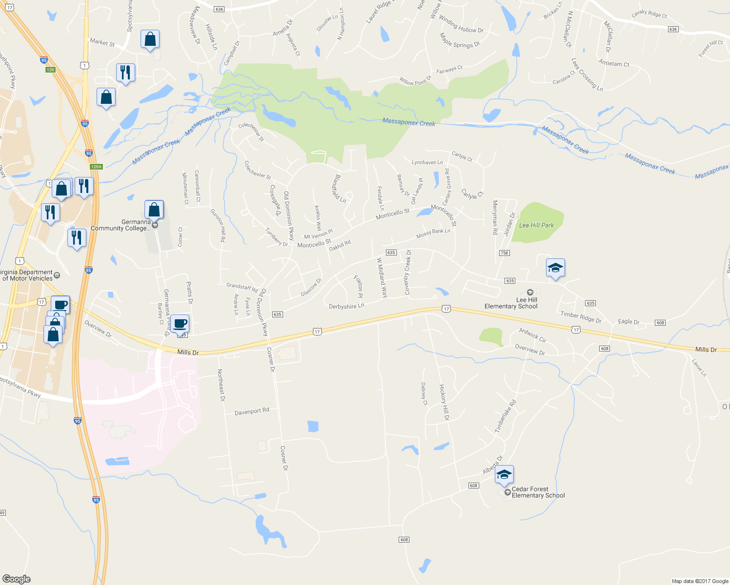 map of restaurants, bars, coffee shops, grocery stores, and more near 9805 Foxton Place in Fredericksburg