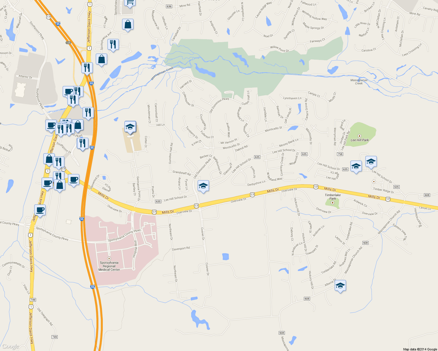 map of restaurants, bars, coffee shops, grocery stores, and more near 9303 Glascow Dr in Fredericksburg