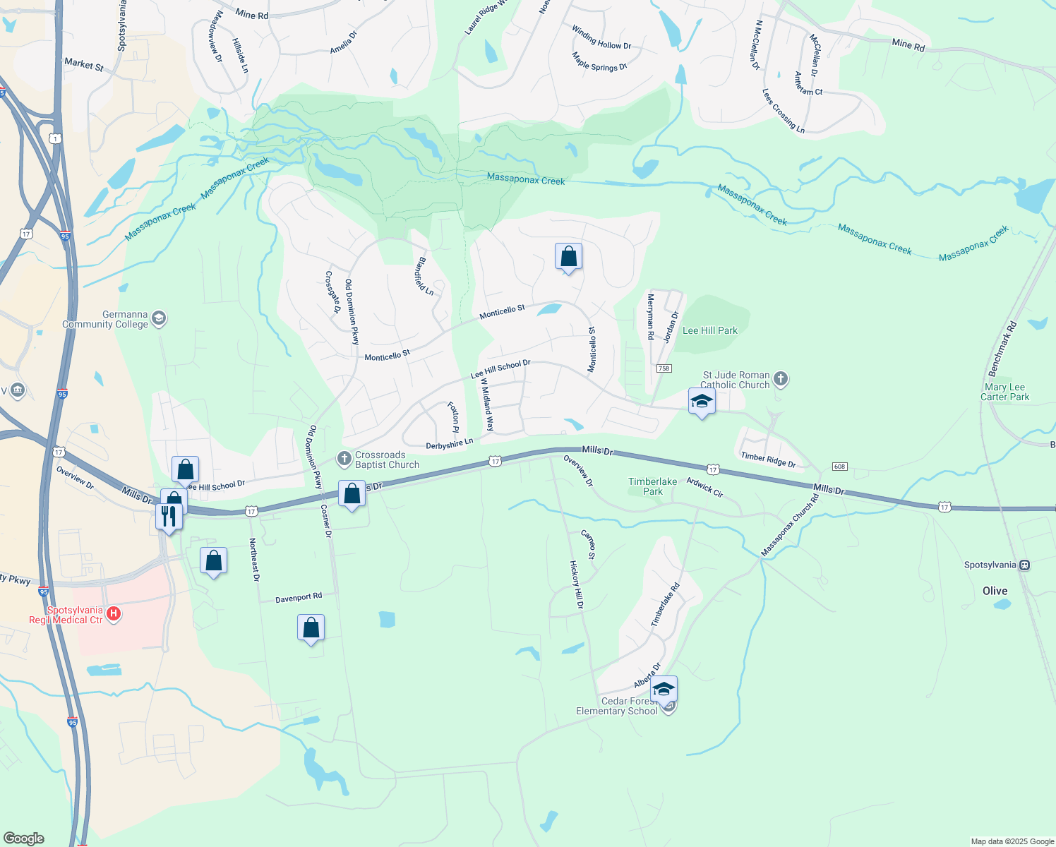 map of restaurants, bars, coffee shops, grocery stores, and more near 3940 Saint Michaels Square in Fredericksburg