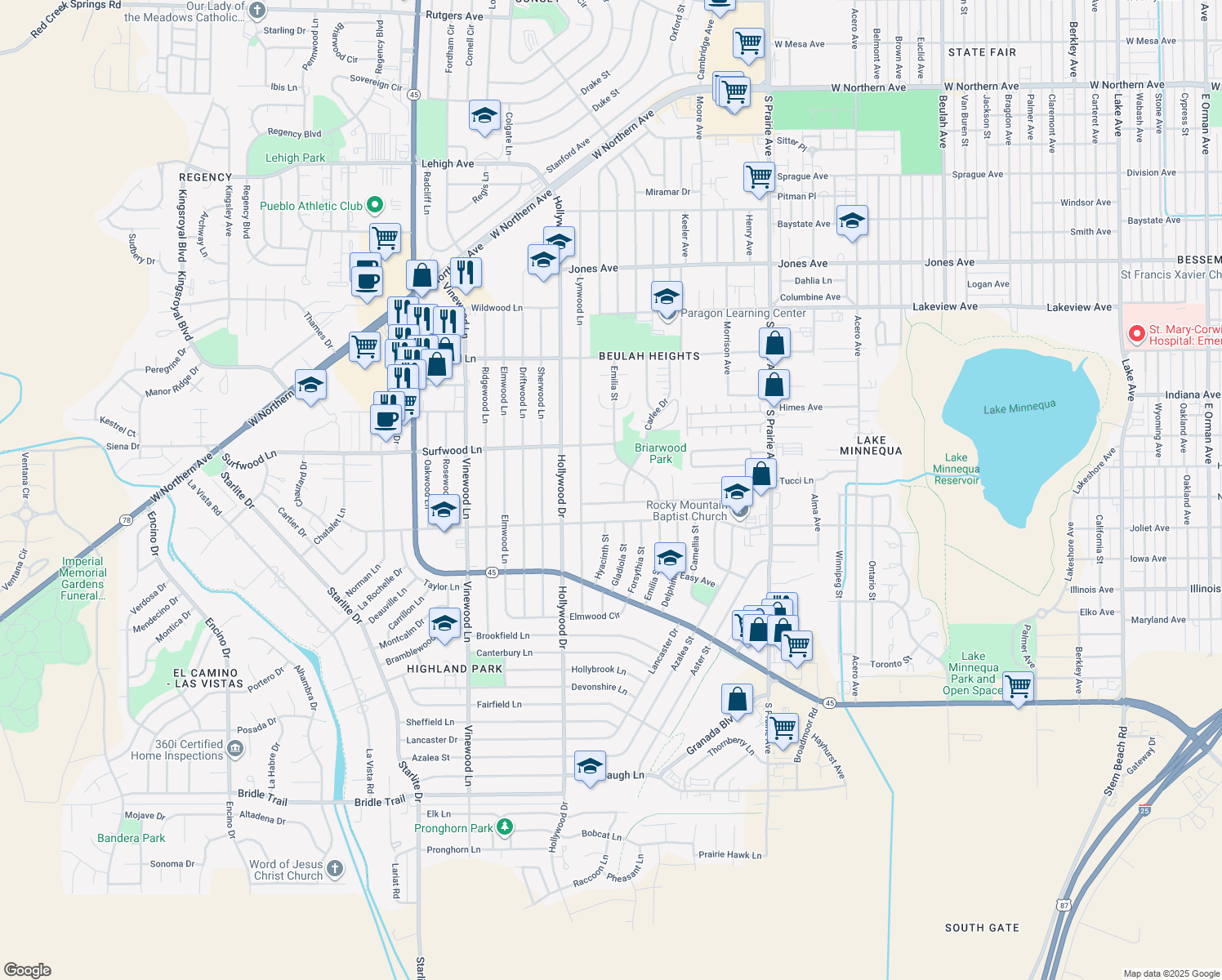 map of restaurants, bars, coffee shops, grocery stores, and more near 3533 White Pine Ct in Pueblo