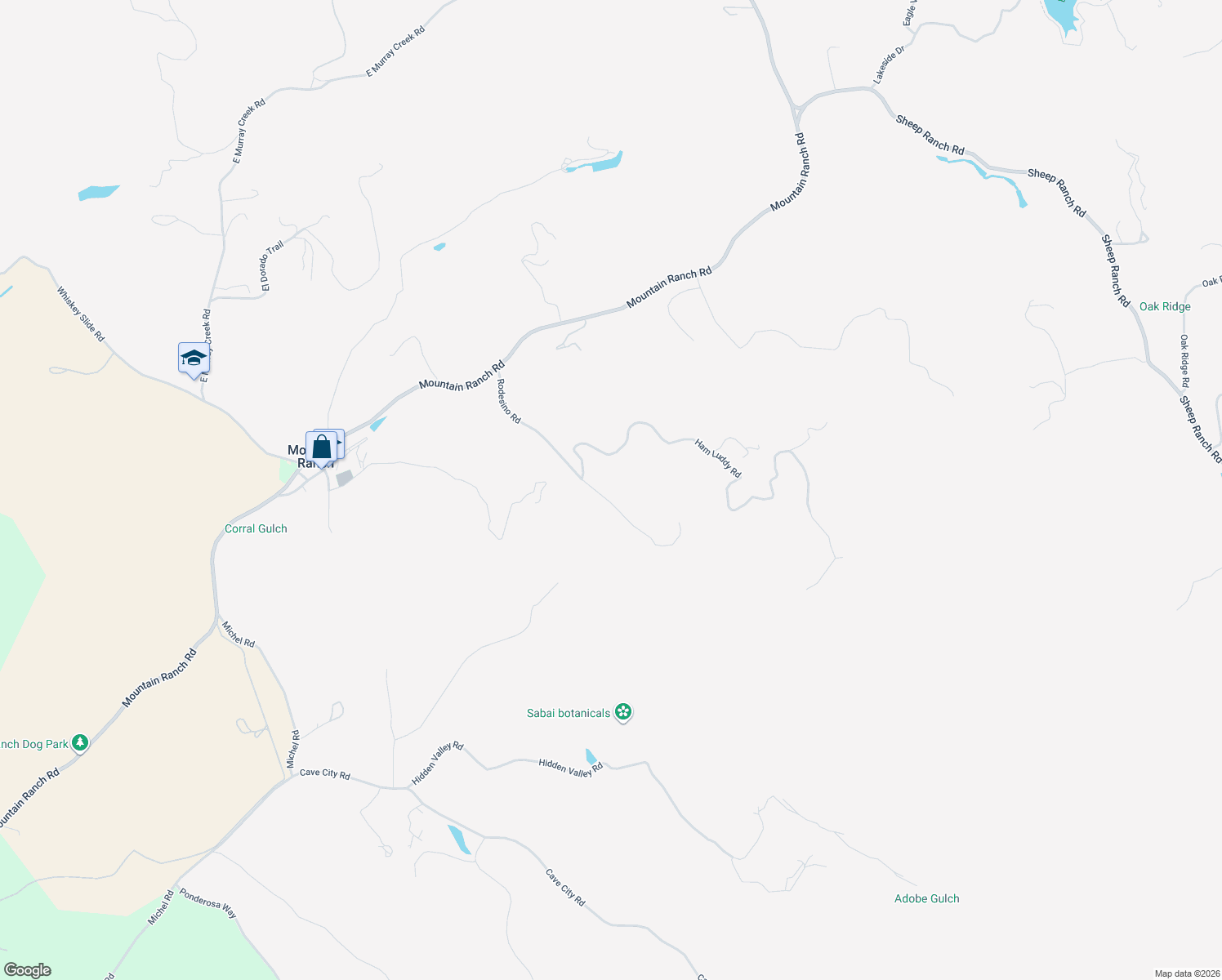 map of restaurants, bars, coffee shops, grocery stores, and more near 9055 Rodesino Road in Mountain Ranch
