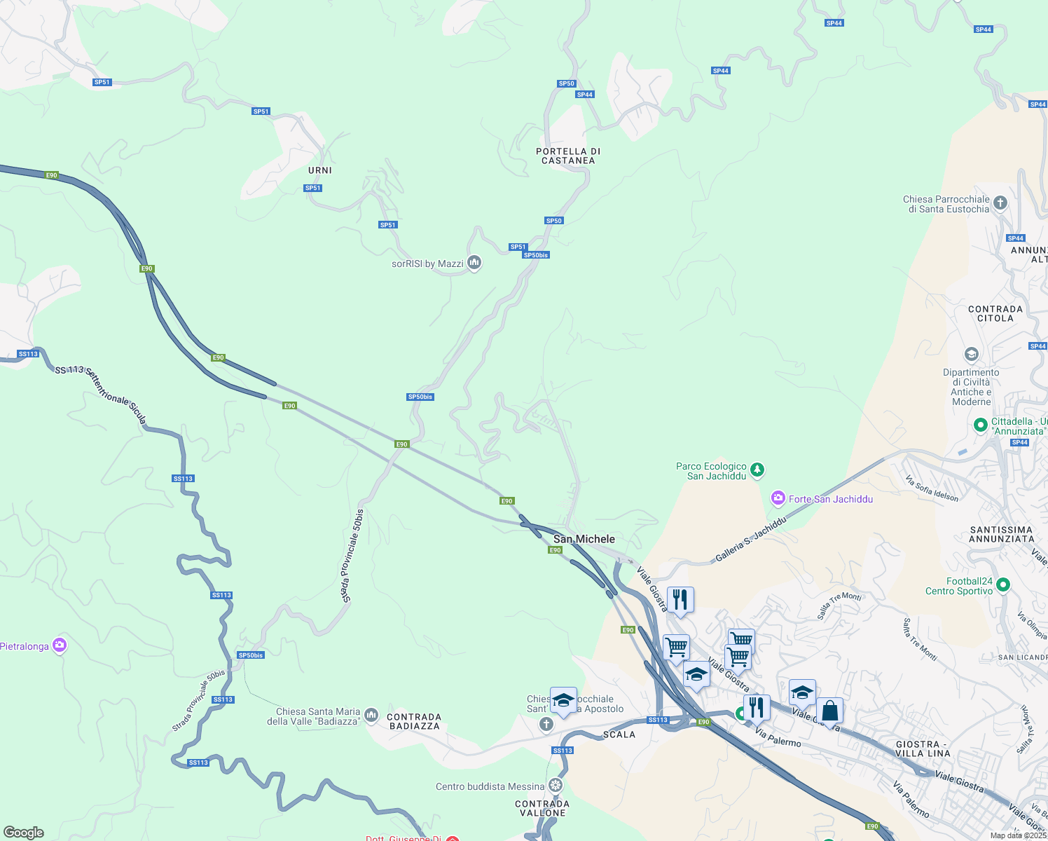 map of restaurants, bars, coffee shops, grocery stores, and more near 16 Strada San Michele - Portella Castanea in Messina