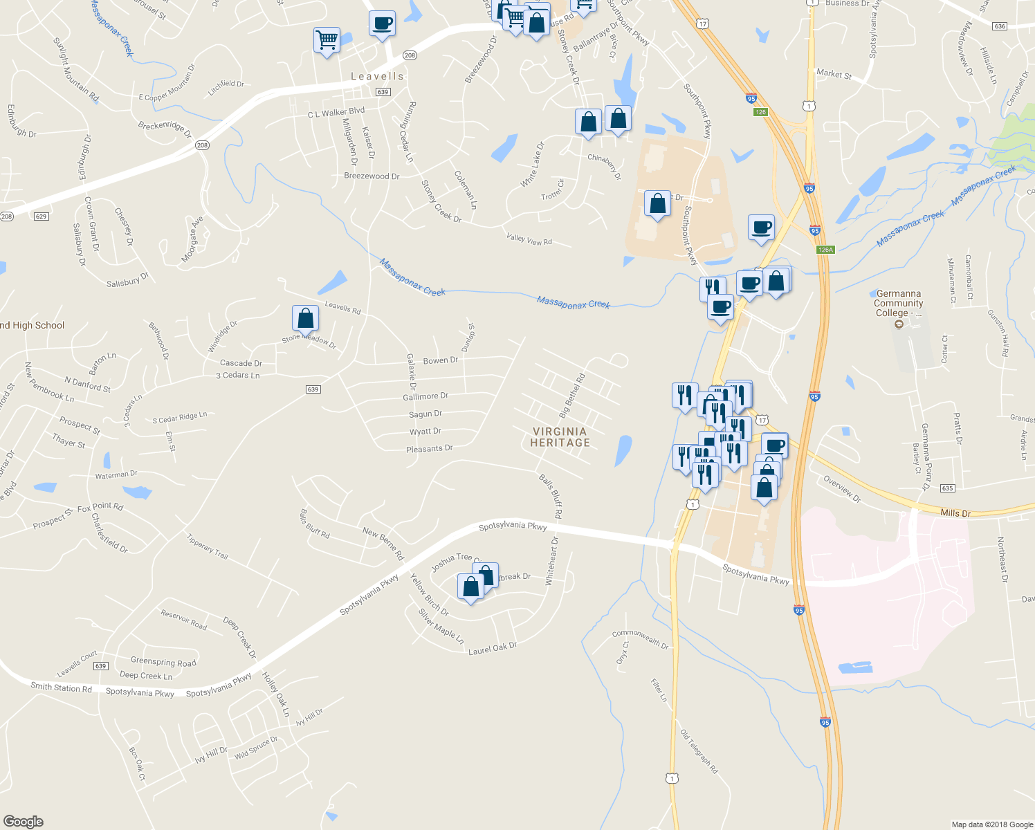 map of restaurants, bars, coffee shops, grocery stores, and more near 5522 West Rich Mountain Way in Fredericksburg