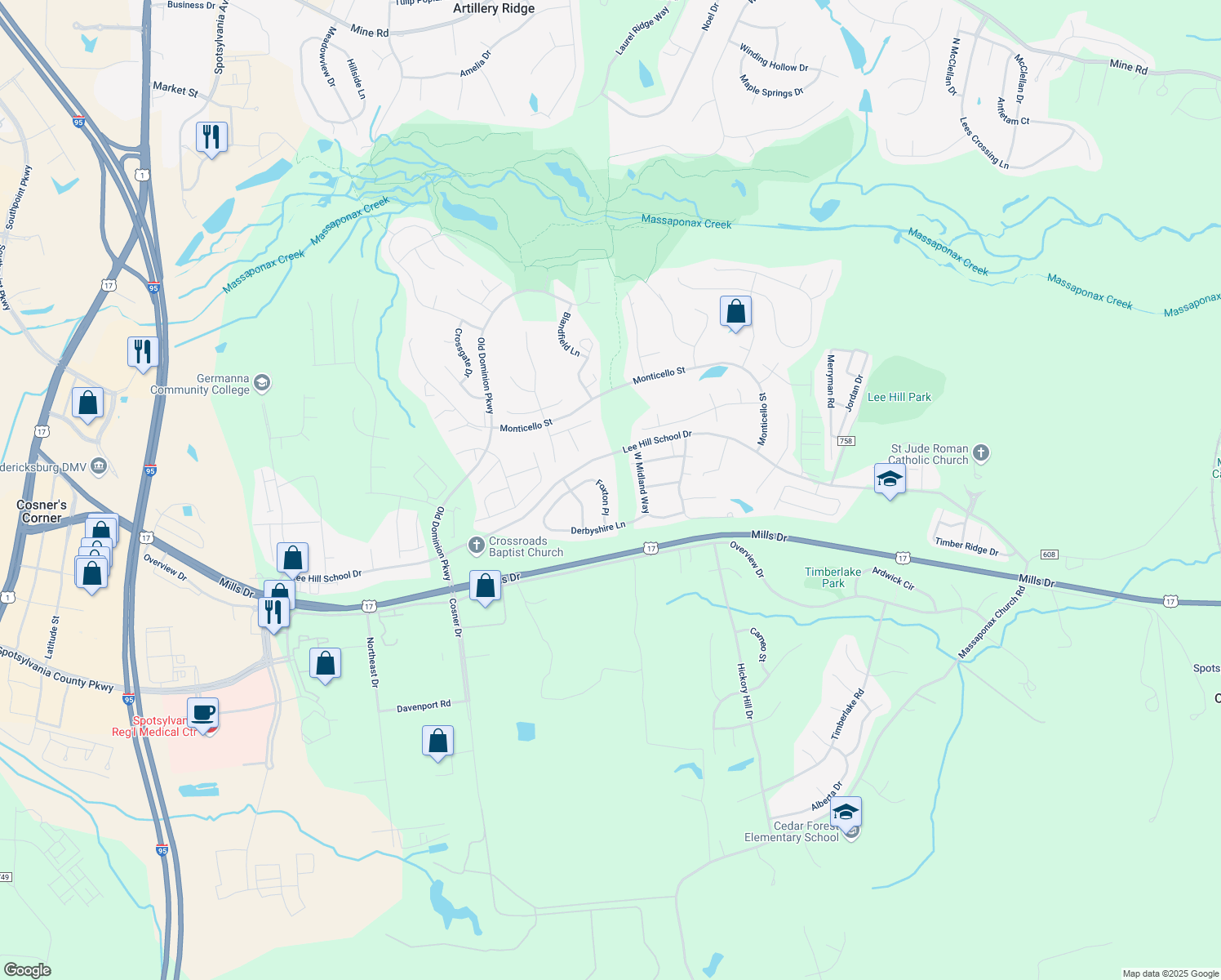 map of restaurants, bars, coffee shops, grocery stores, and more near 9811 Foxton Place in Fredericksburg