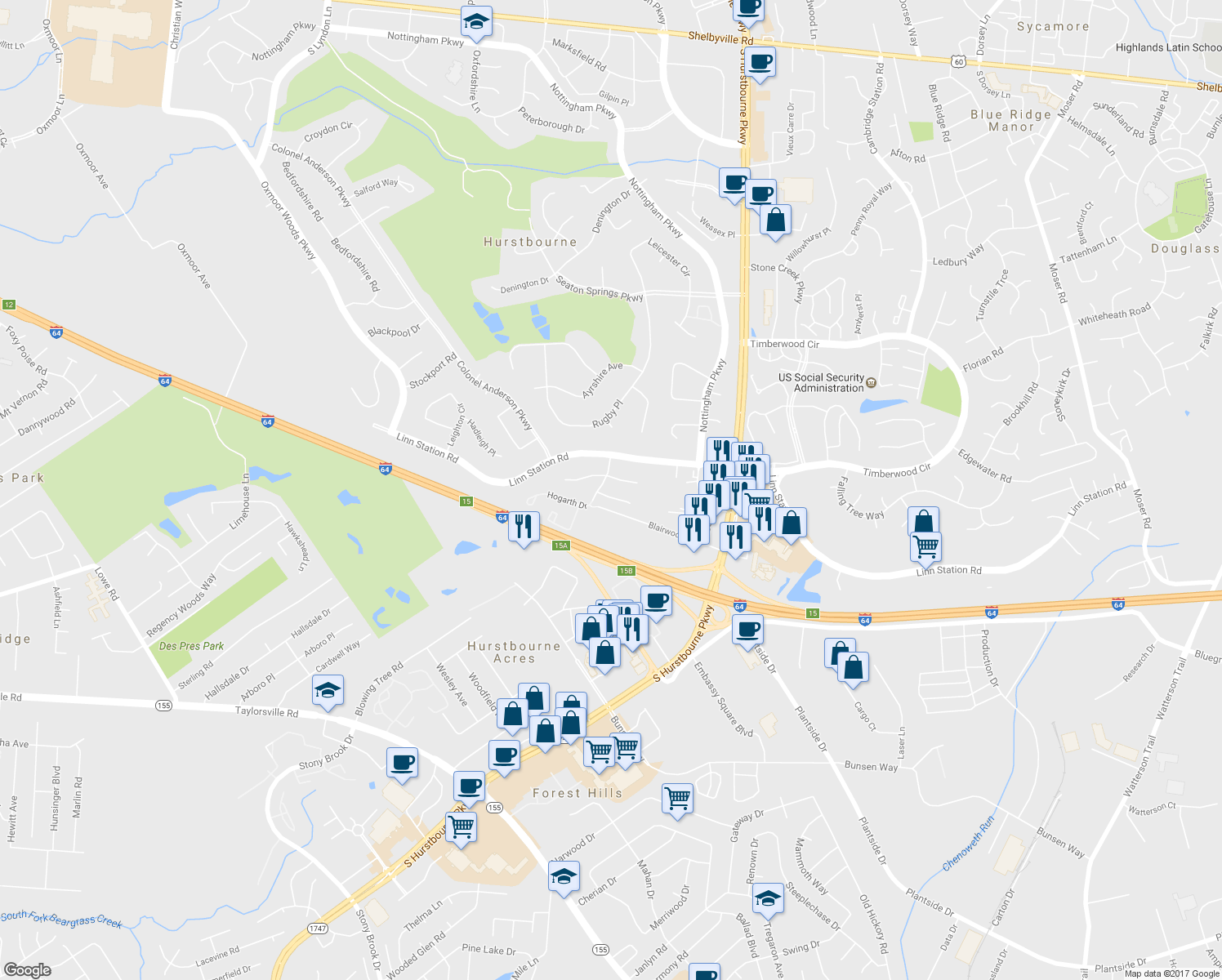 map of restaurants, bars, coffee shops, grocery stores, and more near 9203 Woodhurst Court in Louisville