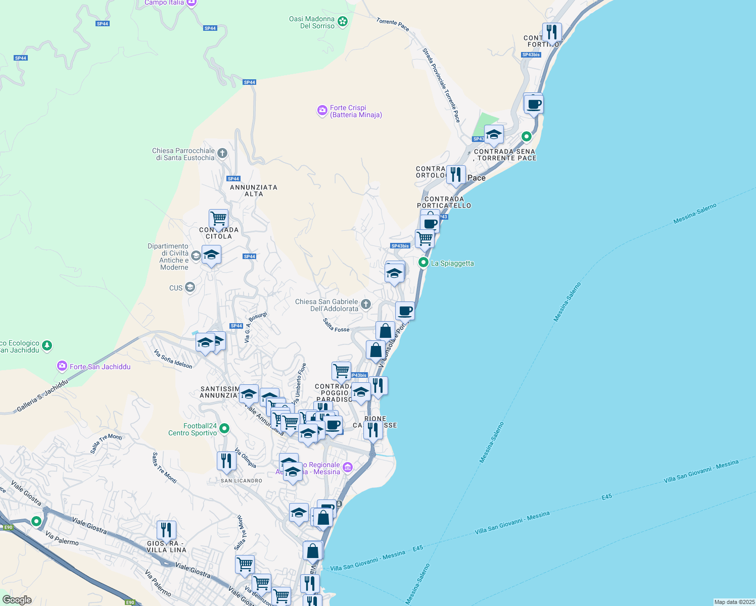 map of restaurants, bars, coffee shops, grocery stores, and more near 1578 Strada Panoramica dello Stretto in Messina
