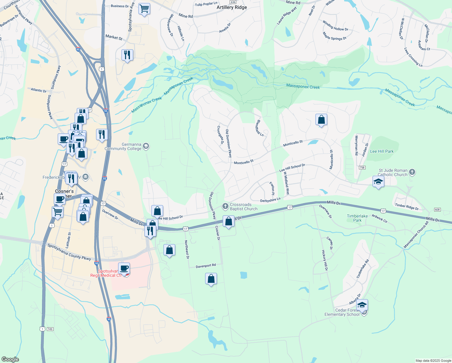 map of restaurants, bars, coffee shops, grocery stores, and more near 9404 Muirfield Court in Fredericksburg