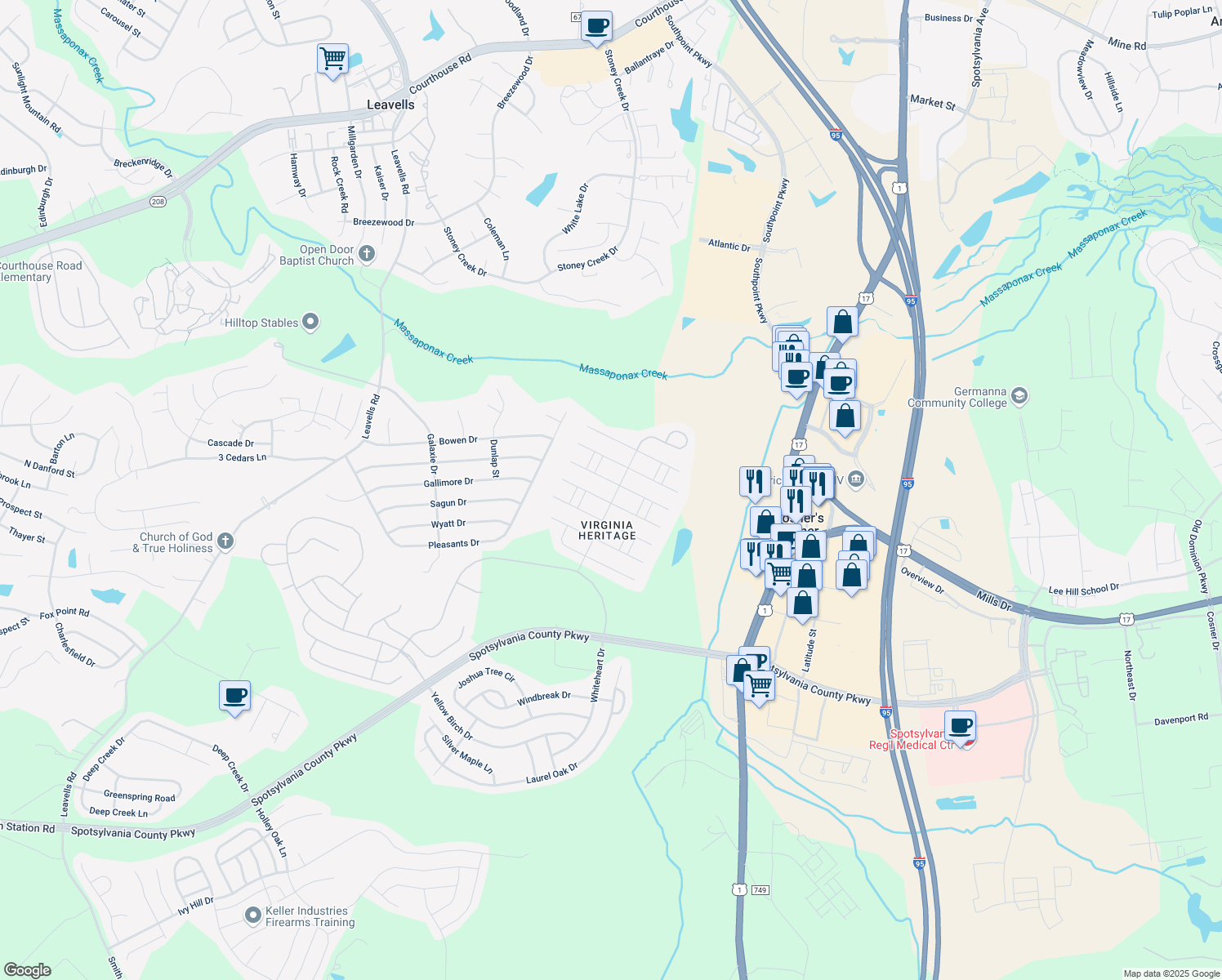 map of restaurants, bars, coffee shops, grocery stores, and more near 6100 West Greenbrier River Road in Fredericksburg