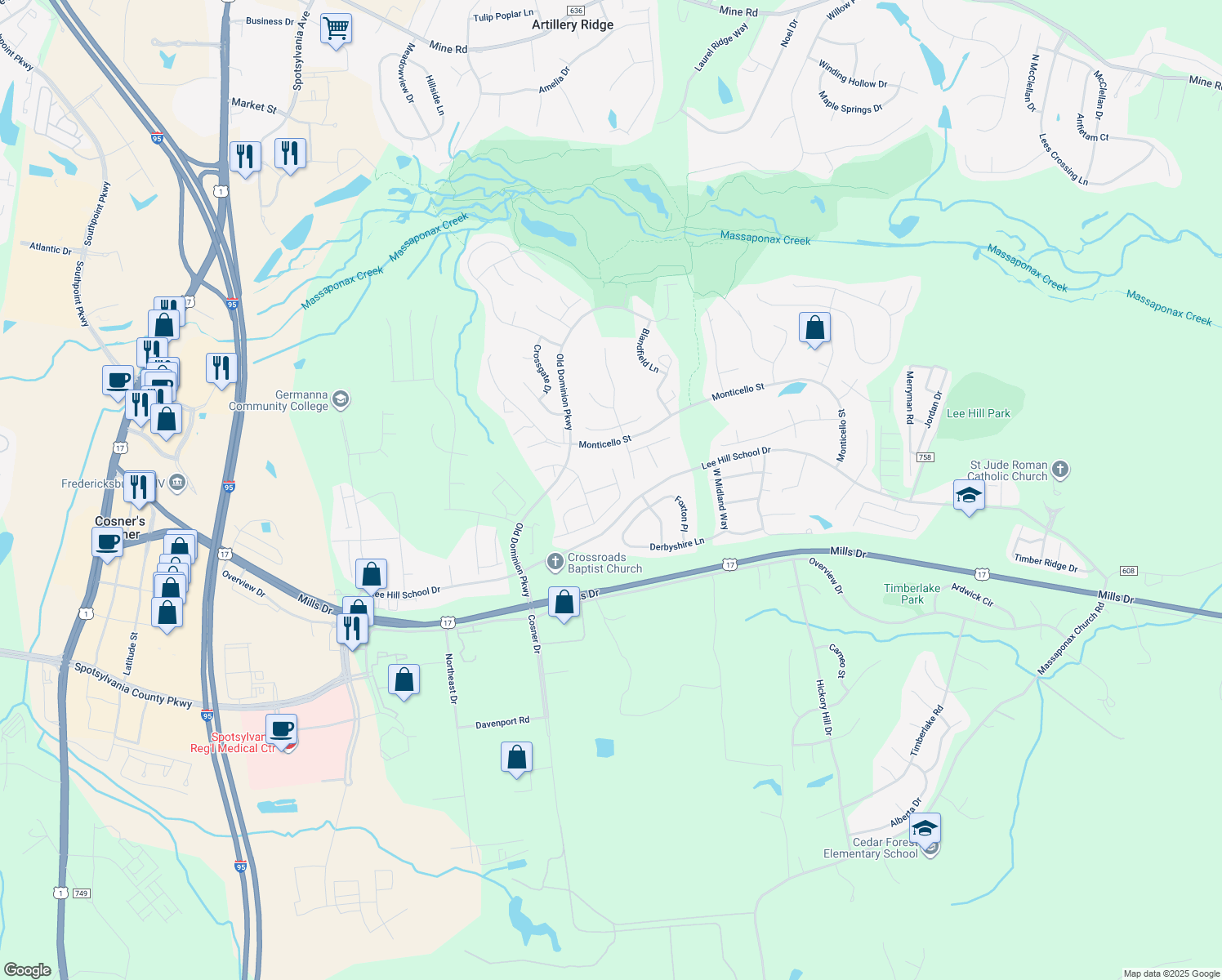 map of restaurants, bars, coffee shops, grocery stores, and more near 9204 Saint Andrews Lane in Fredericksburg