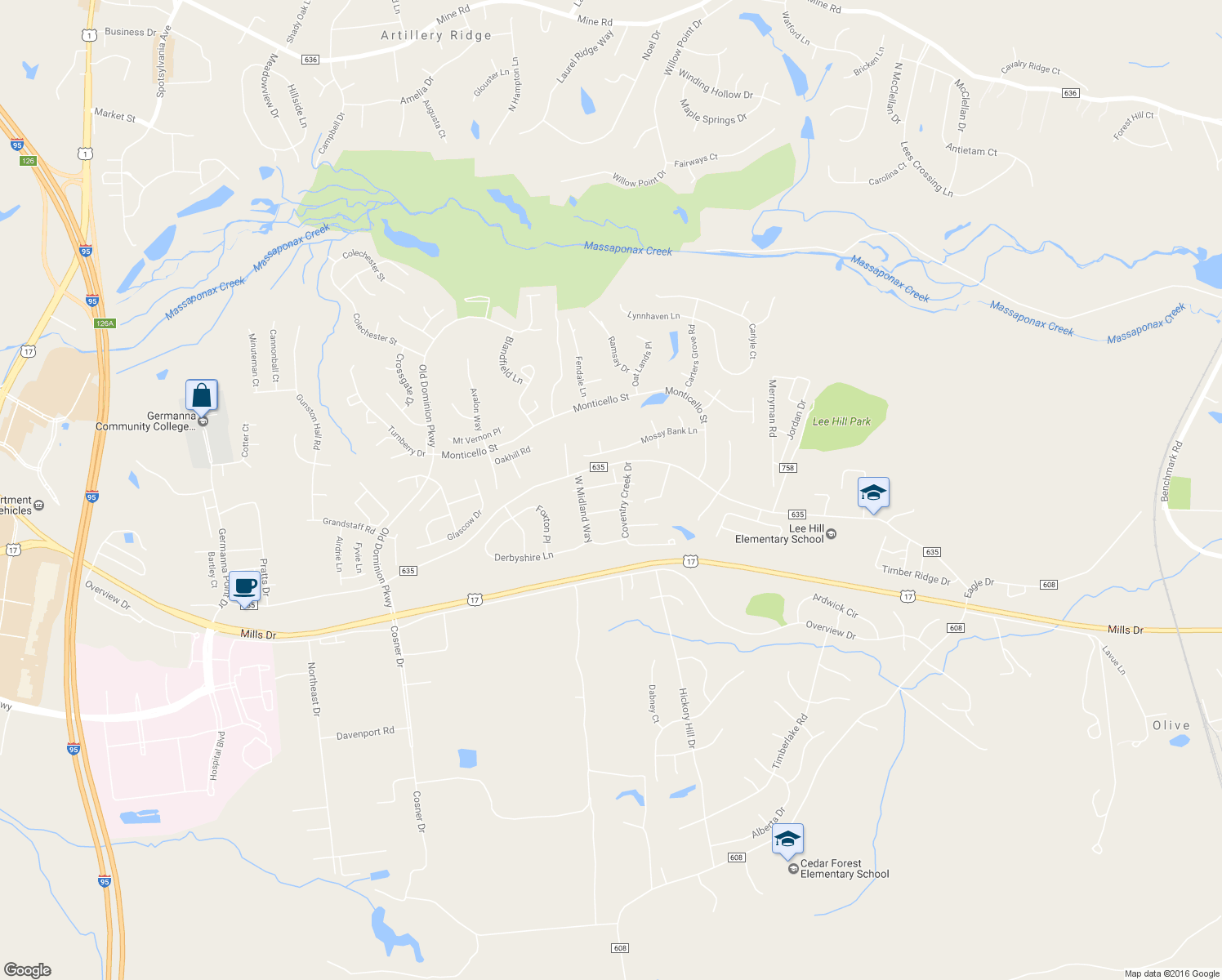 map of restaurants, bars, coffee shops, grocery stores, and more near 4012 Englandtown Rd in Fredericksburg