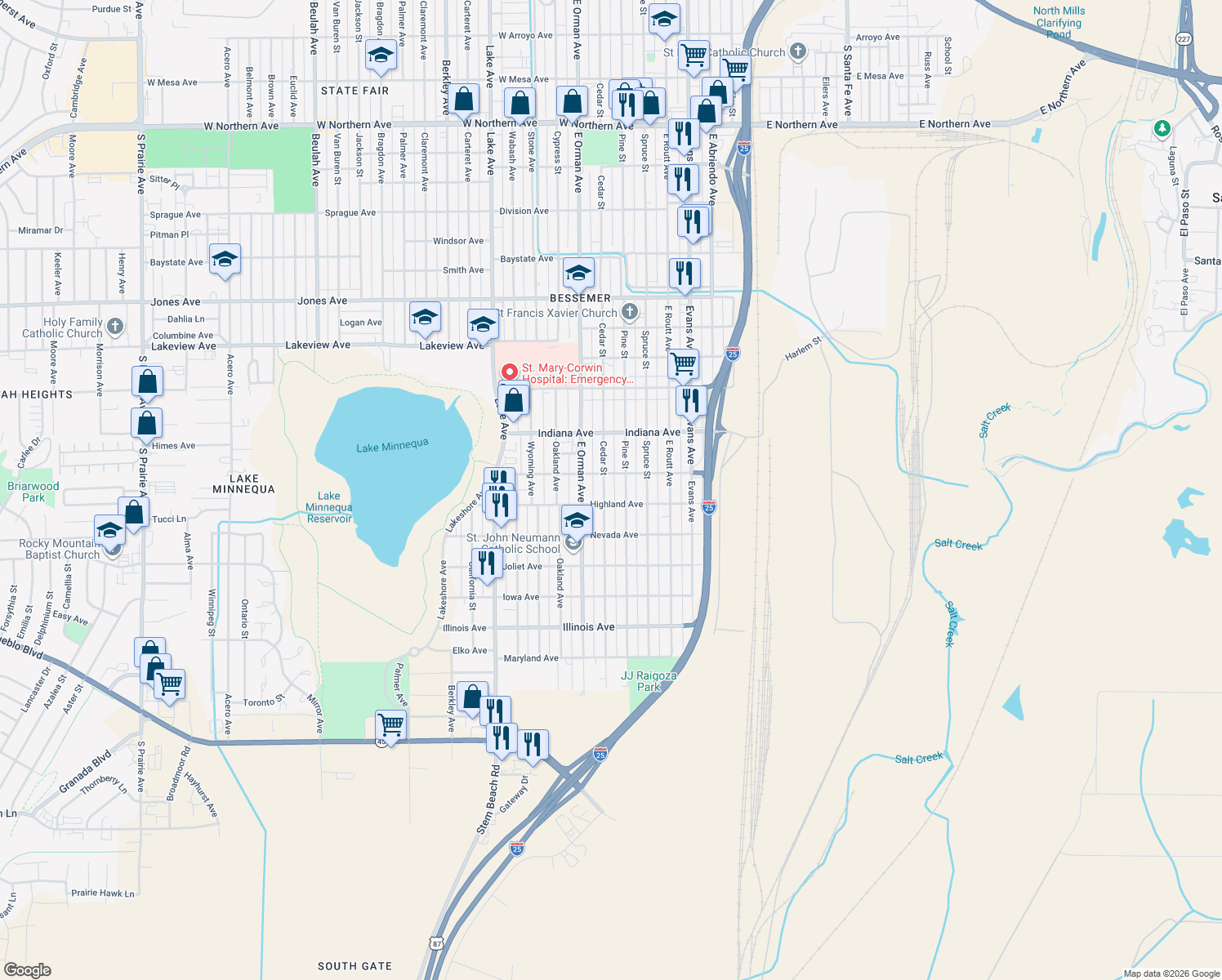 map of restaurants, bars, coffee shops, grocery stores, and more near 2220 Cedar Street in Pueblo