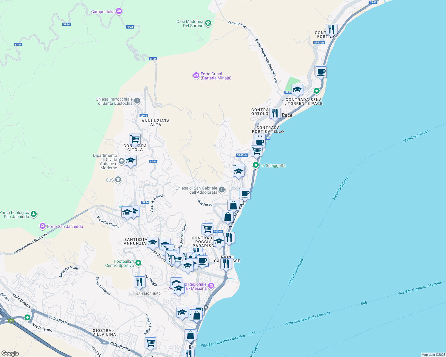map of restaurants, bars, coffee shops, grocery stores, and more near Località Paradiso in Messina