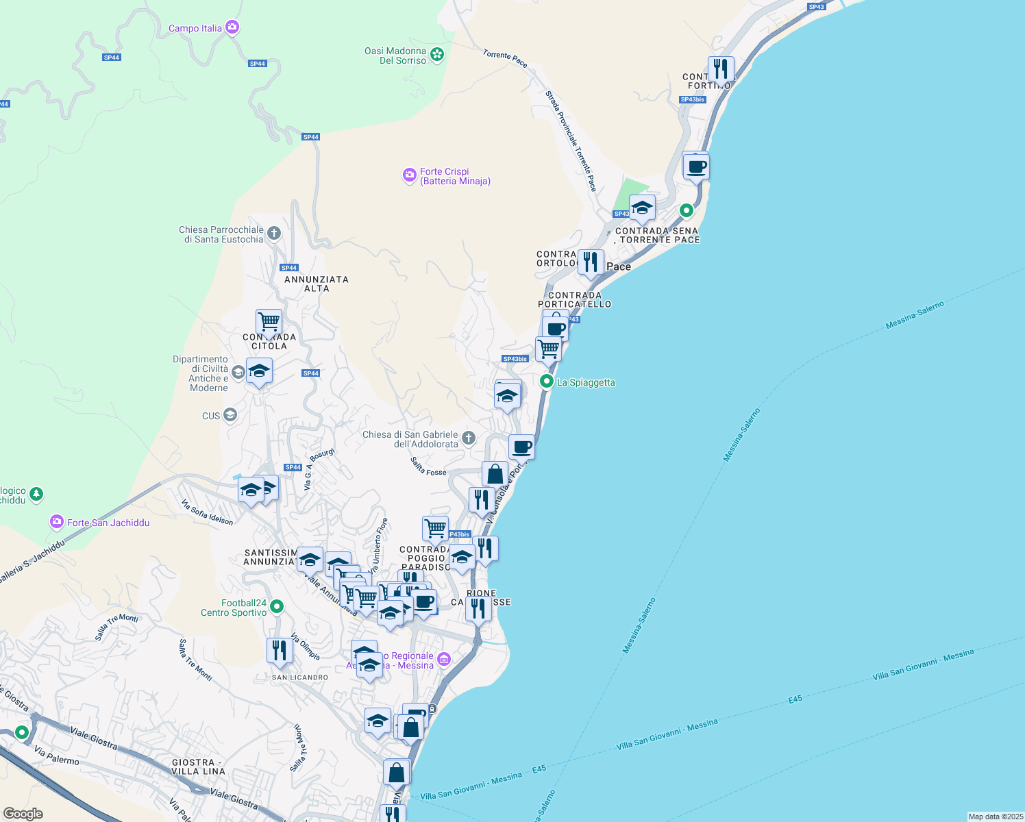 map of restaurants, bars, coffee shops, grocery stores, and more near 56 Strada Panoramica dello Stretto in Messina