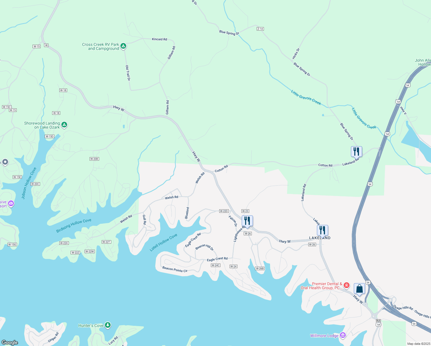 map of restaurants, bars, coffee shops, grocery stores, and more near 6 Cotton Road in Lake Ozark