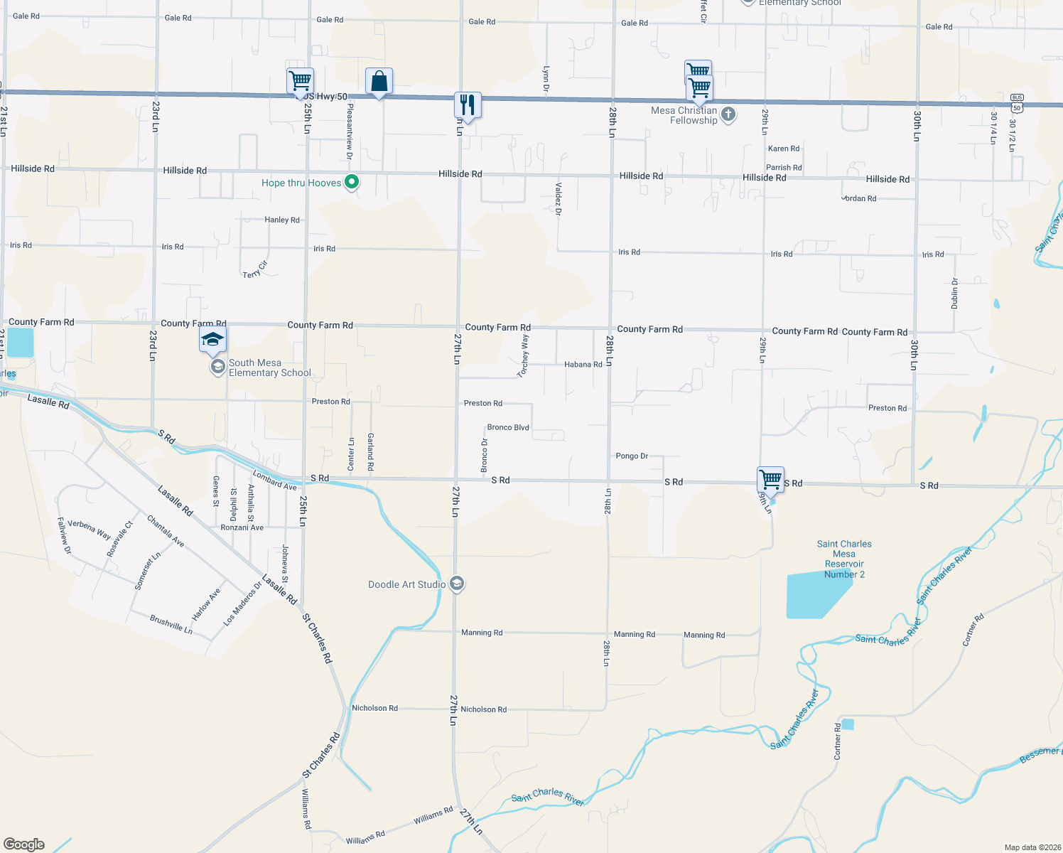 map of restaurants, bars, coffee shops, grocery stores, and more near 27422 Alana Dr in Pueblo