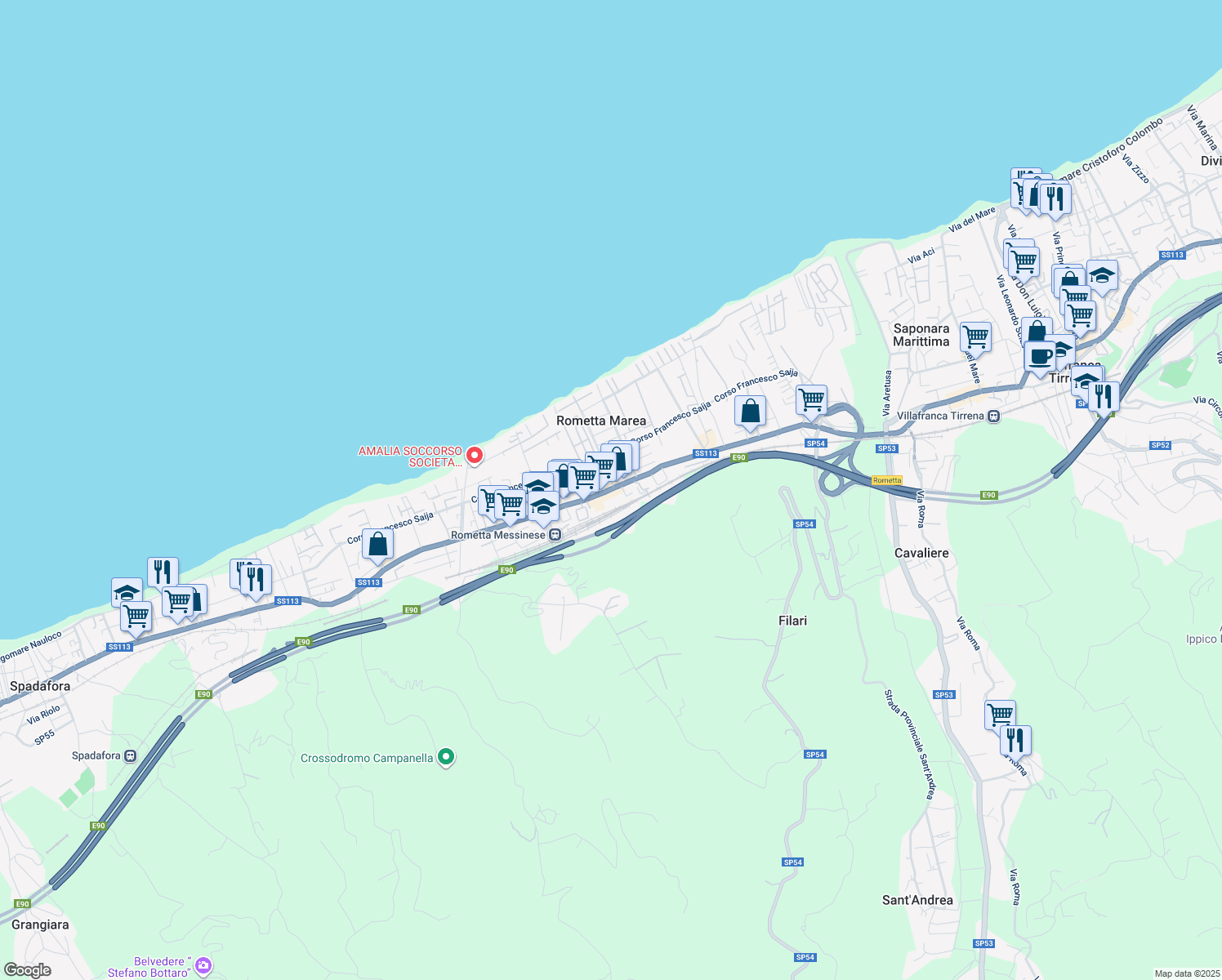 map of restaurants, bars, coffee shops, grocery stores, and more near 4 Via Dott. Valerio Violi in Rometta Marea