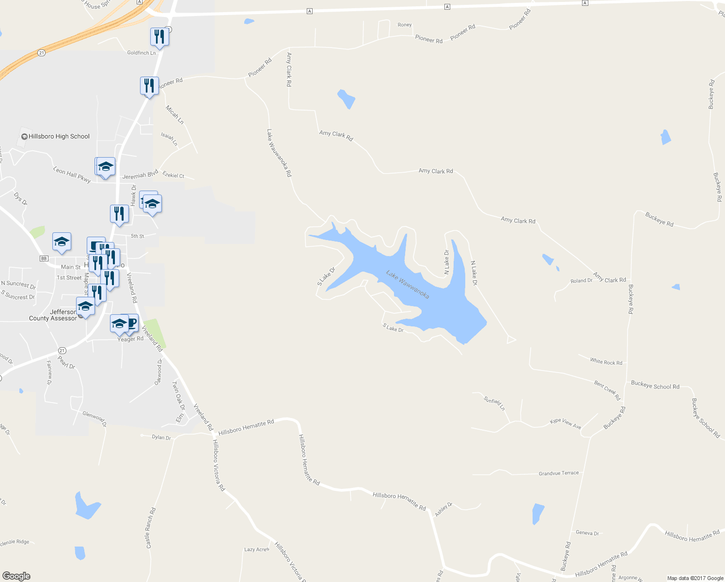 map of restaurants, bars, coffee shops, grocery stores, and more near 136 South Lake Drive in Hillsboro