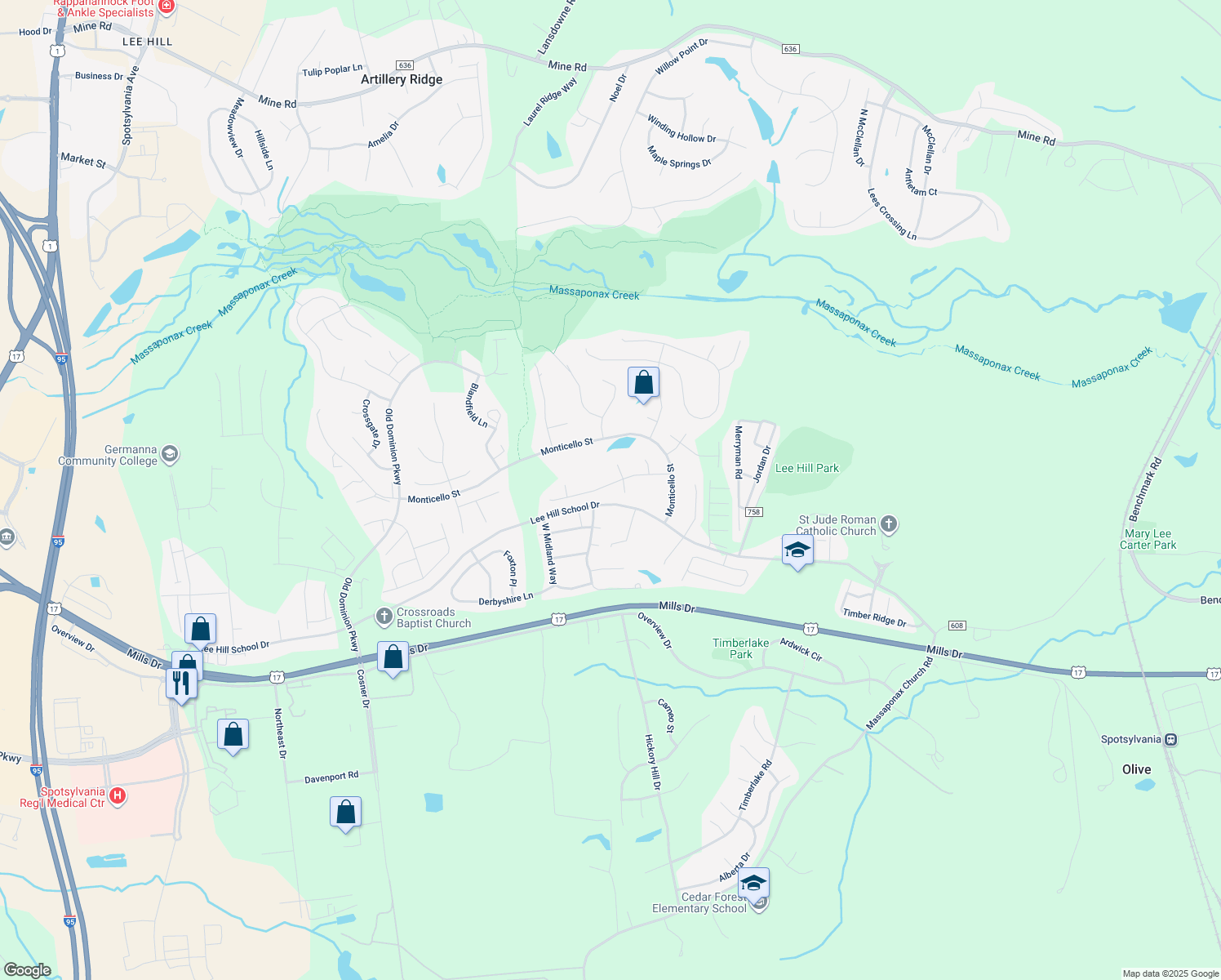 map of restaurants, bars, coffee shops, grocery stores, and more near 4104 Mossy Bank Ln in Fredericksburg