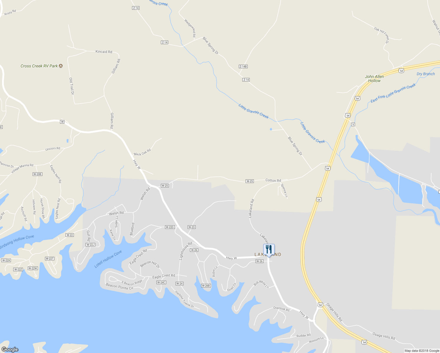 map of restaurants, bars, coffee shops, grocery stores, and more near 34 Cotton Road in Eldon