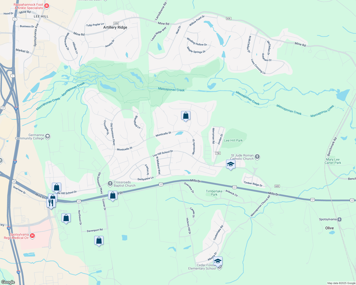 map of restaurants, bars, coffee shops, grocery stores, and more near 4101 Mossy Bank Lane in Fredericksburg