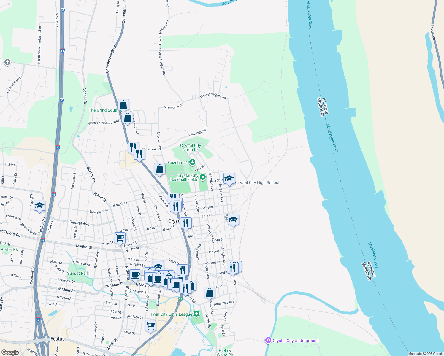 map of restaurants, bars, coffee shops, grocery stores, and more near 109 12th Street in Crystal City