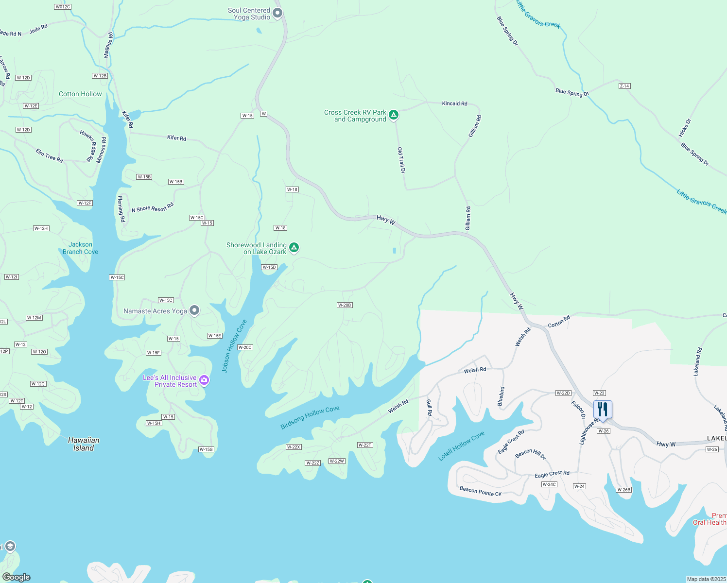 map of restaurants, bars, coffee shops, grocery stores, and more near 2-38 Eagles Nest Rd in Eldon