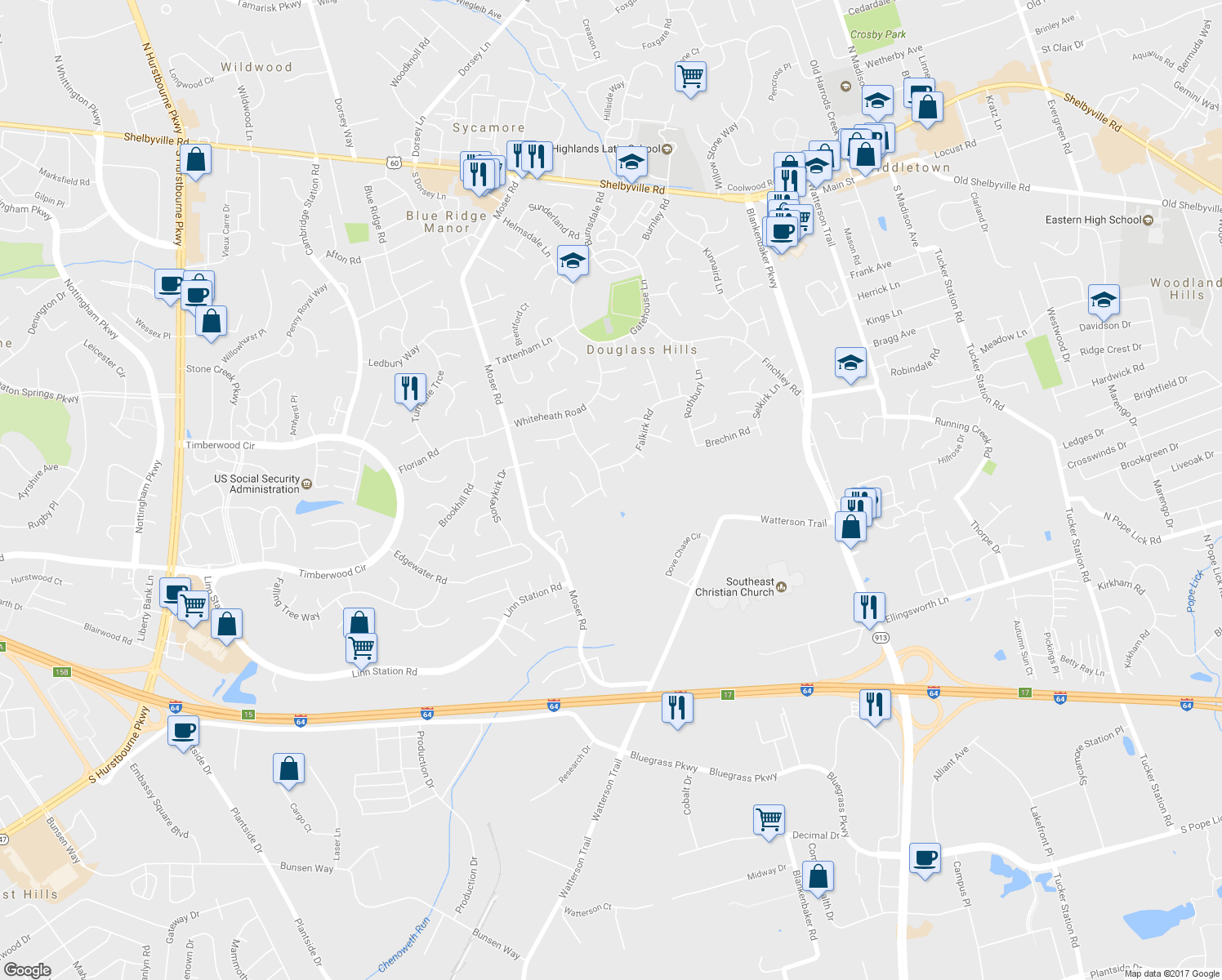 map of restaurants, bars, coffee shops, grocery stores, and more near 901 Farmingham Road in Louisville