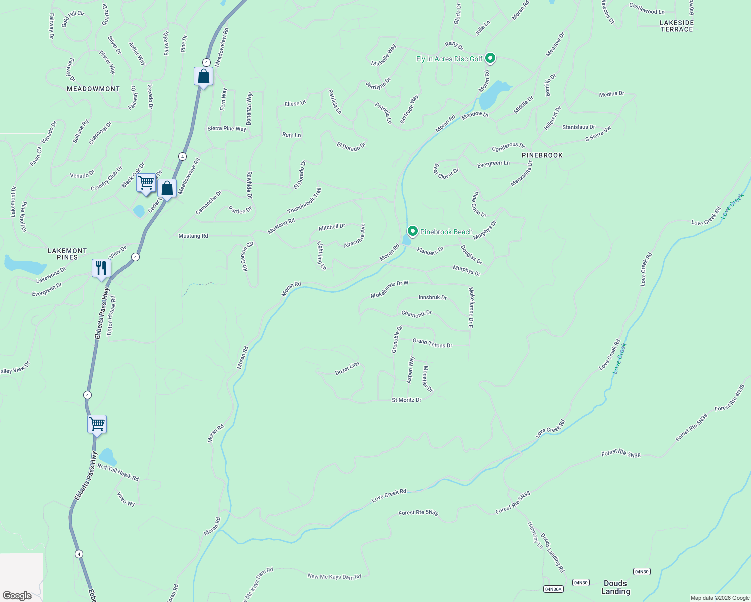 map of restaurants, bars, coffee shops, grocery stores, and more near 2729 Mokelumne Drive West in Arnold