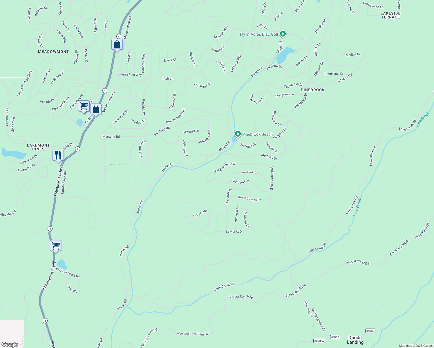 map of restaurants, bars, coffee shops, grocery stores, and more near 2729 Mokelumne Drive West in Arnold