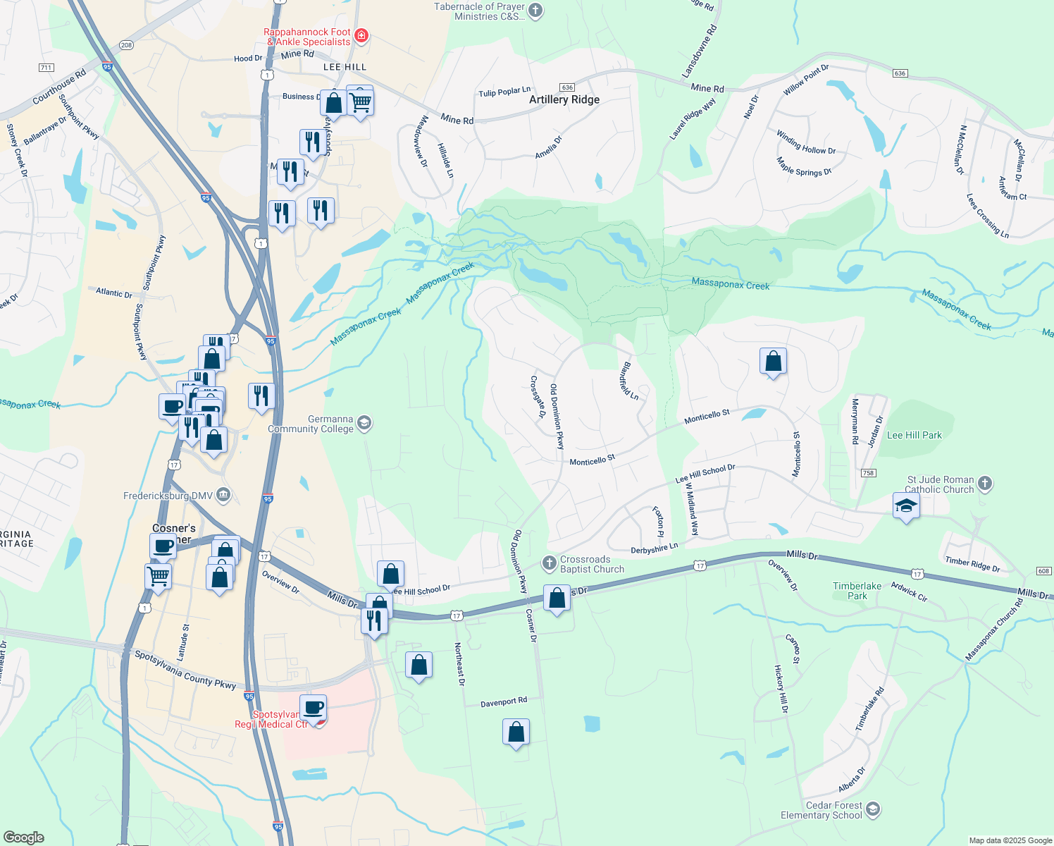 map of restaurants, bars, coffee shops, grocery stores, and more near 10112 Fullerton Court in Fredericksburg